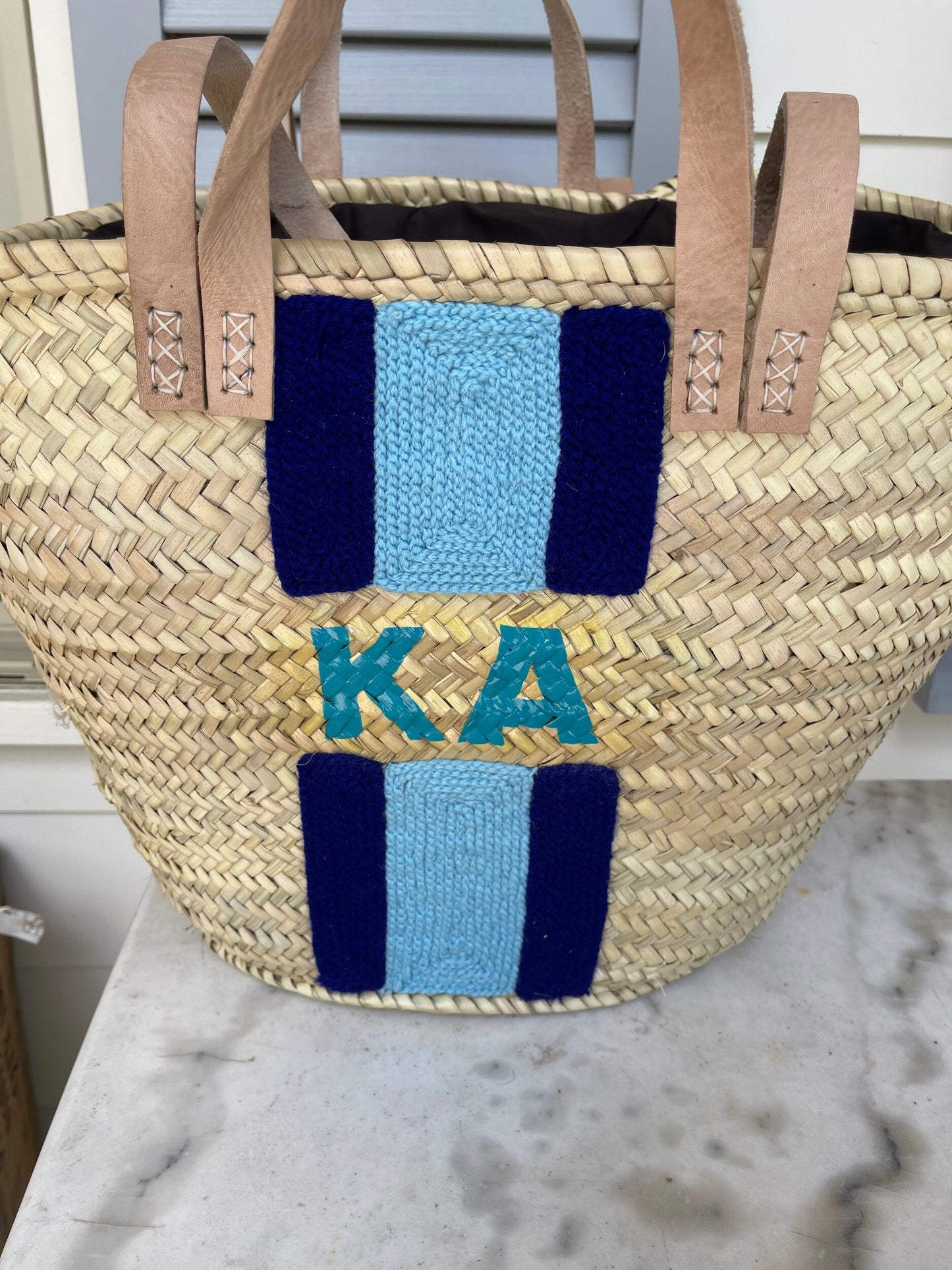 Blue Striped Double Strap Monogram Tote