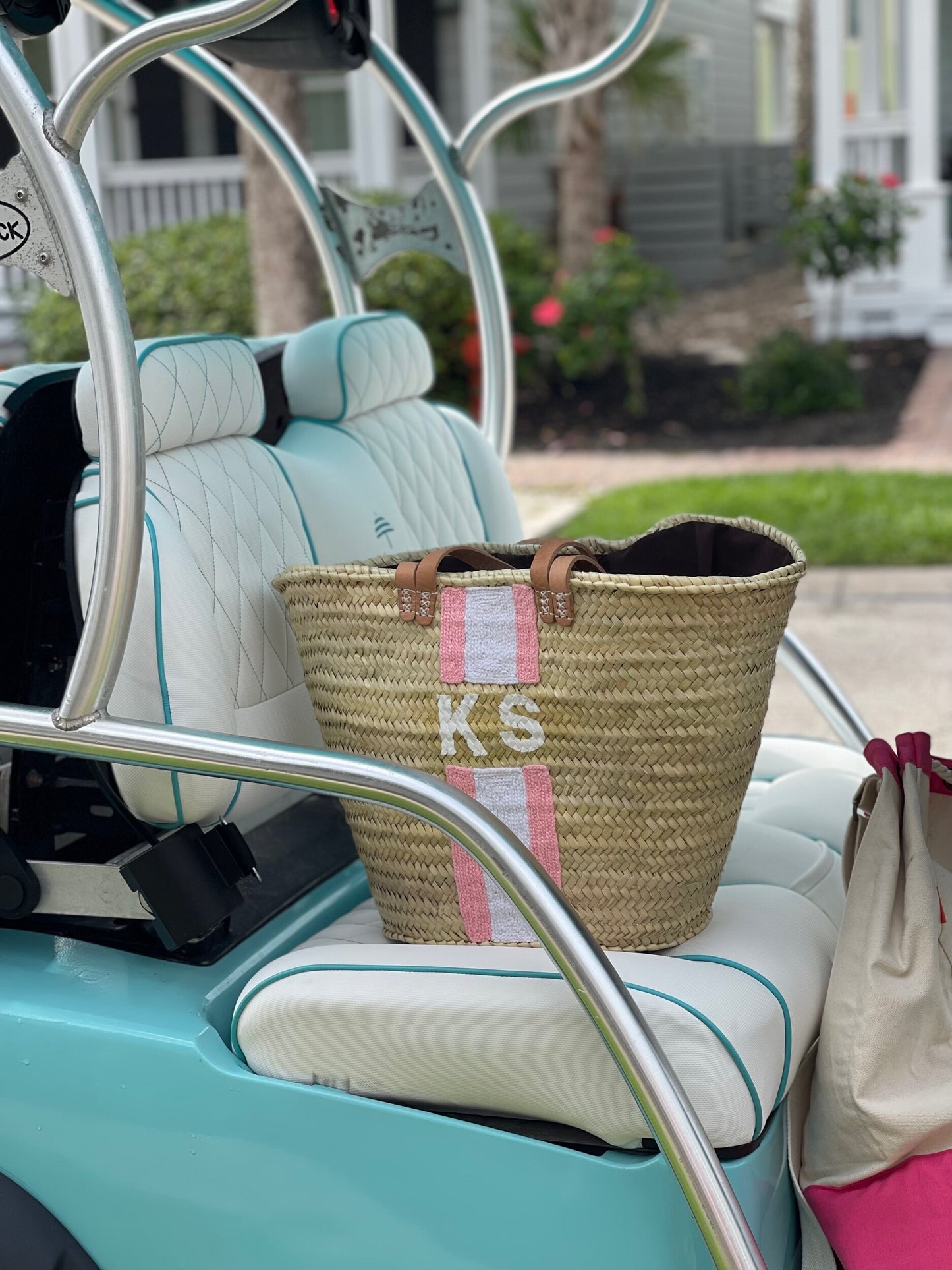 Pink Striped Double Strap Monogram Tote