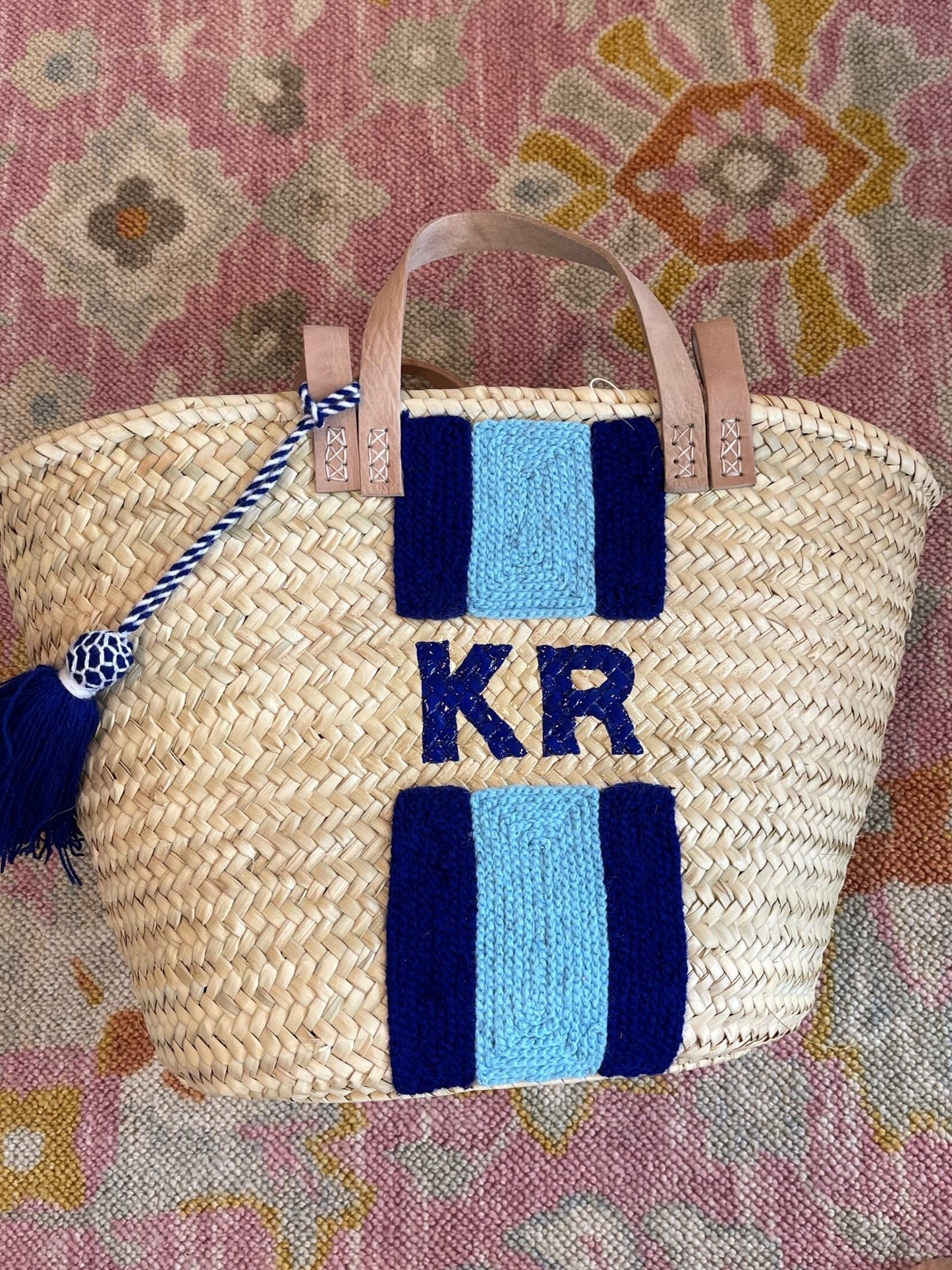 Blue Striped Double Strap Monogram Tote