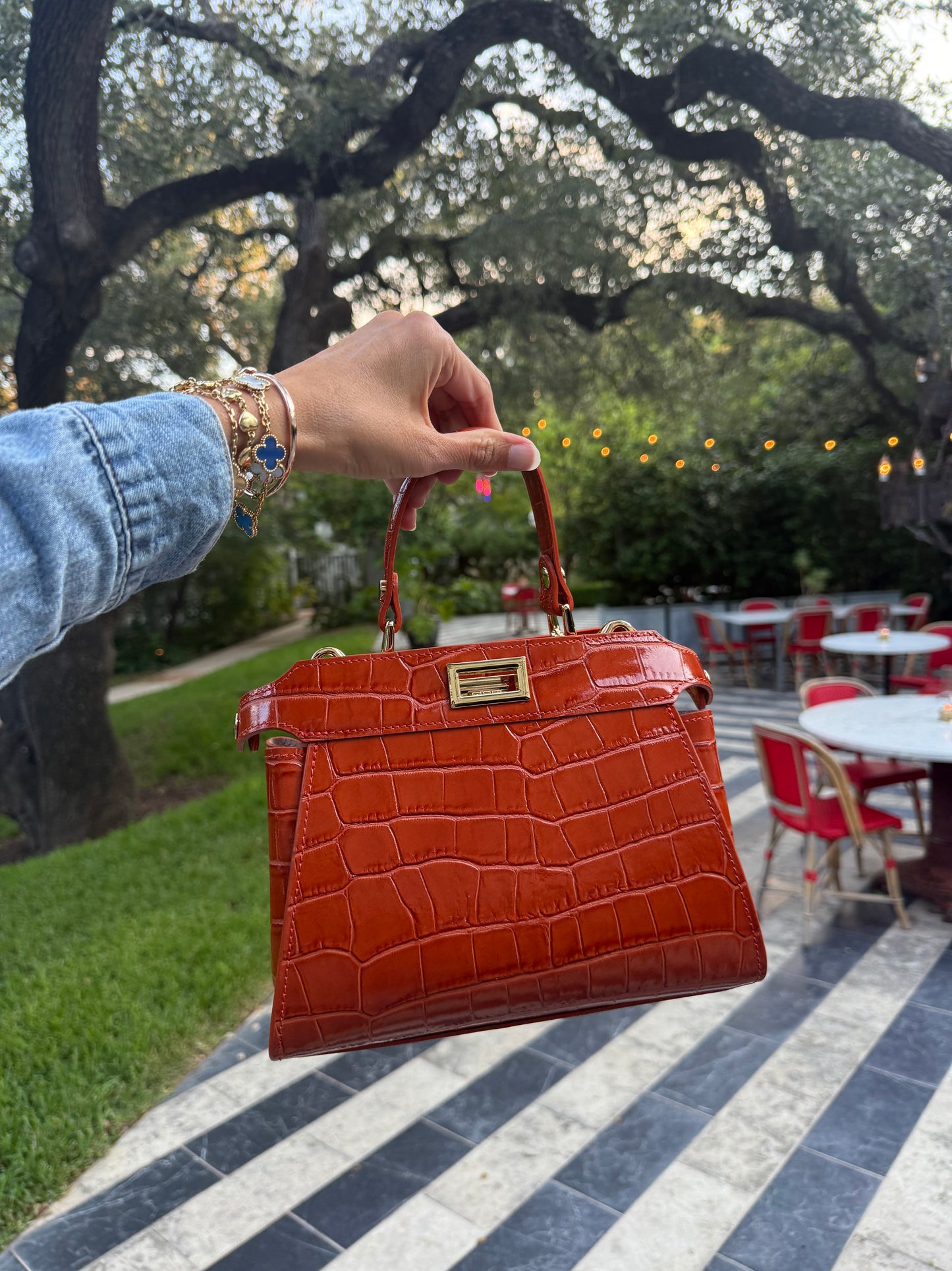 Burnt Orange Croc Embossed Leather Flip Lock Bag