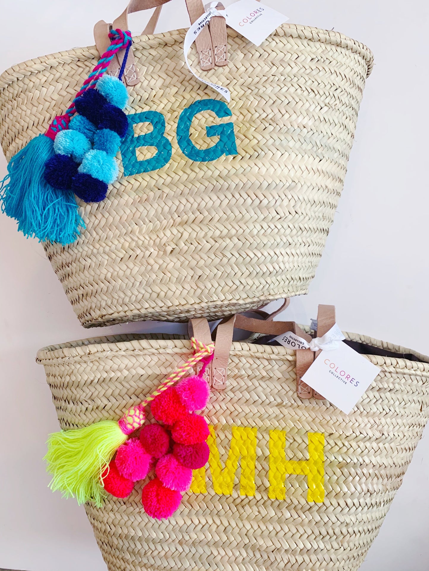 Double Strap Straw Monogram Tote