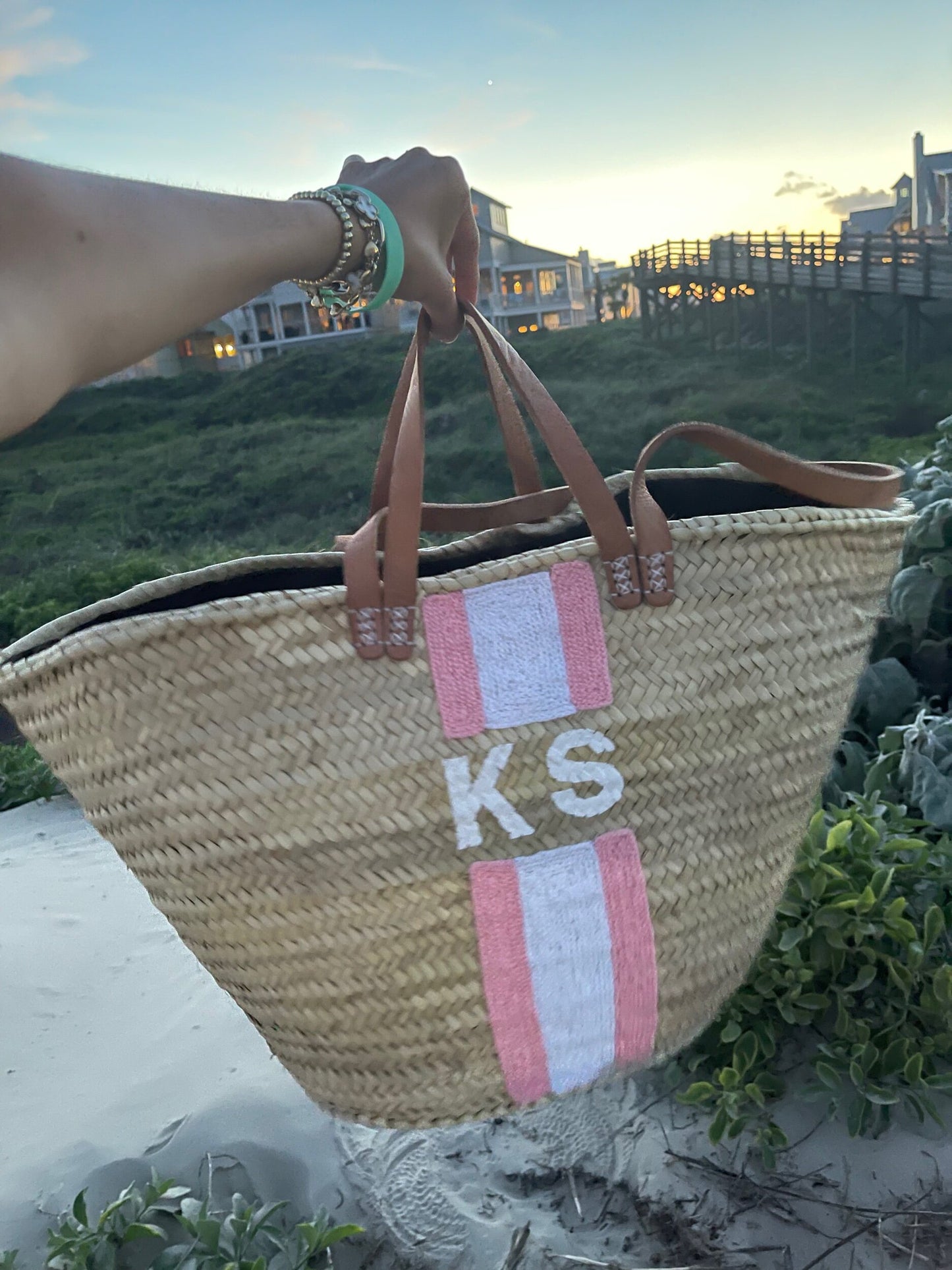 Pink Striped Double Strap Monogram Tote