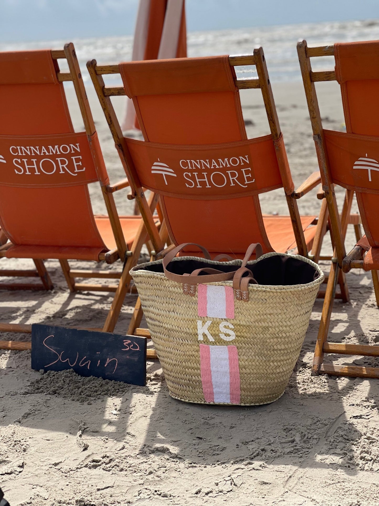 Pink Striped Double Strap Monogram Tote