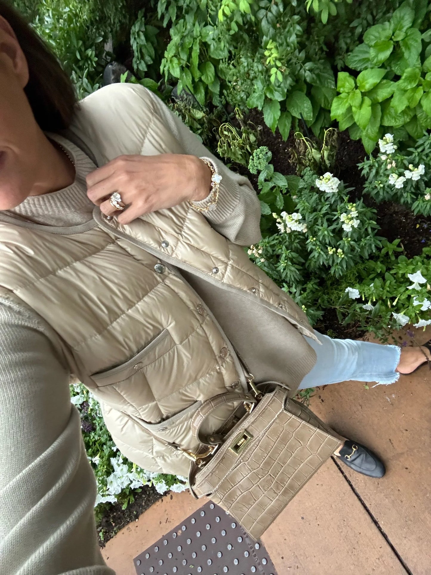 Taupe Crocodile Embossed Leather Flip Lock Bag