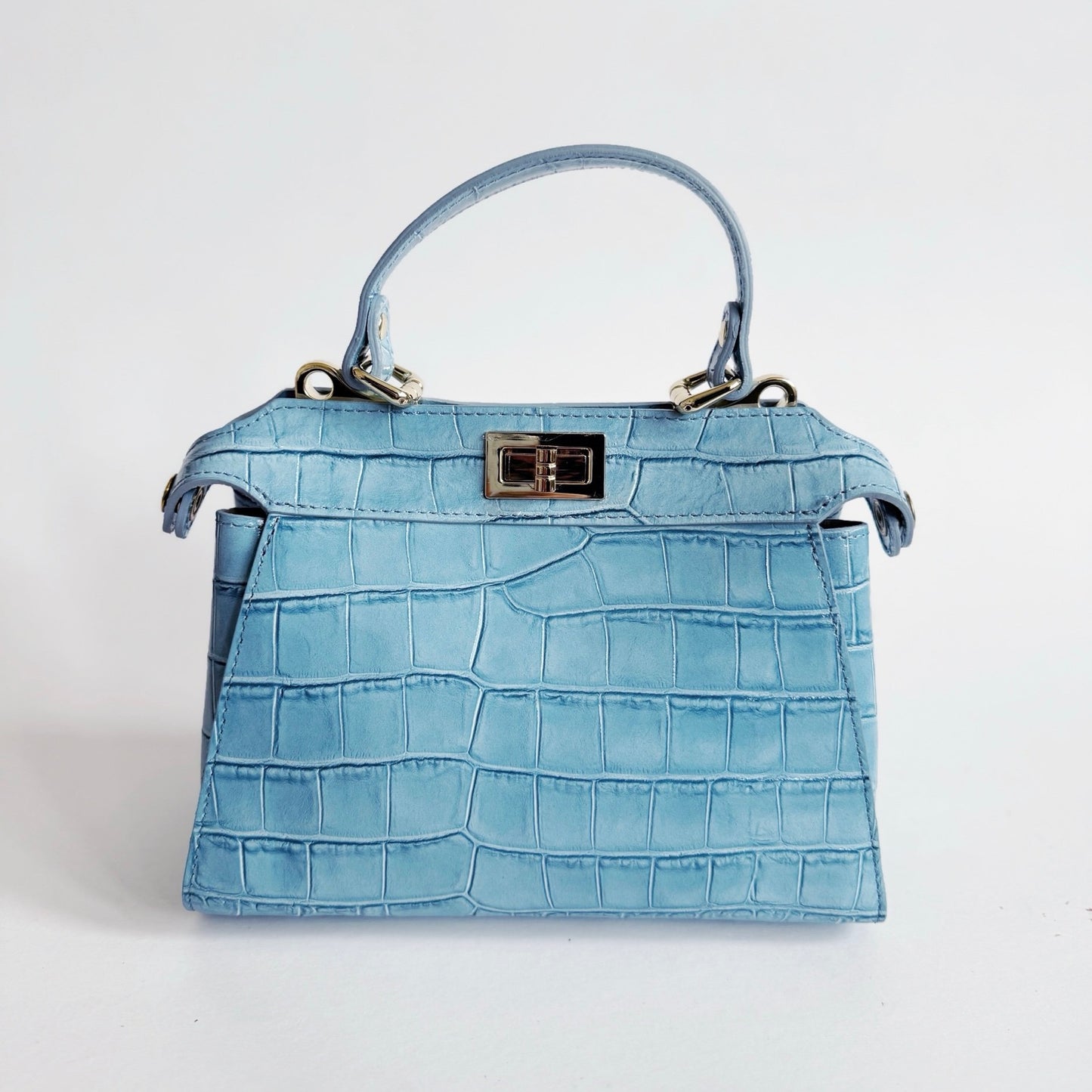 Ocean Blue Crocodile Embossed Leather Flip Lock Bag