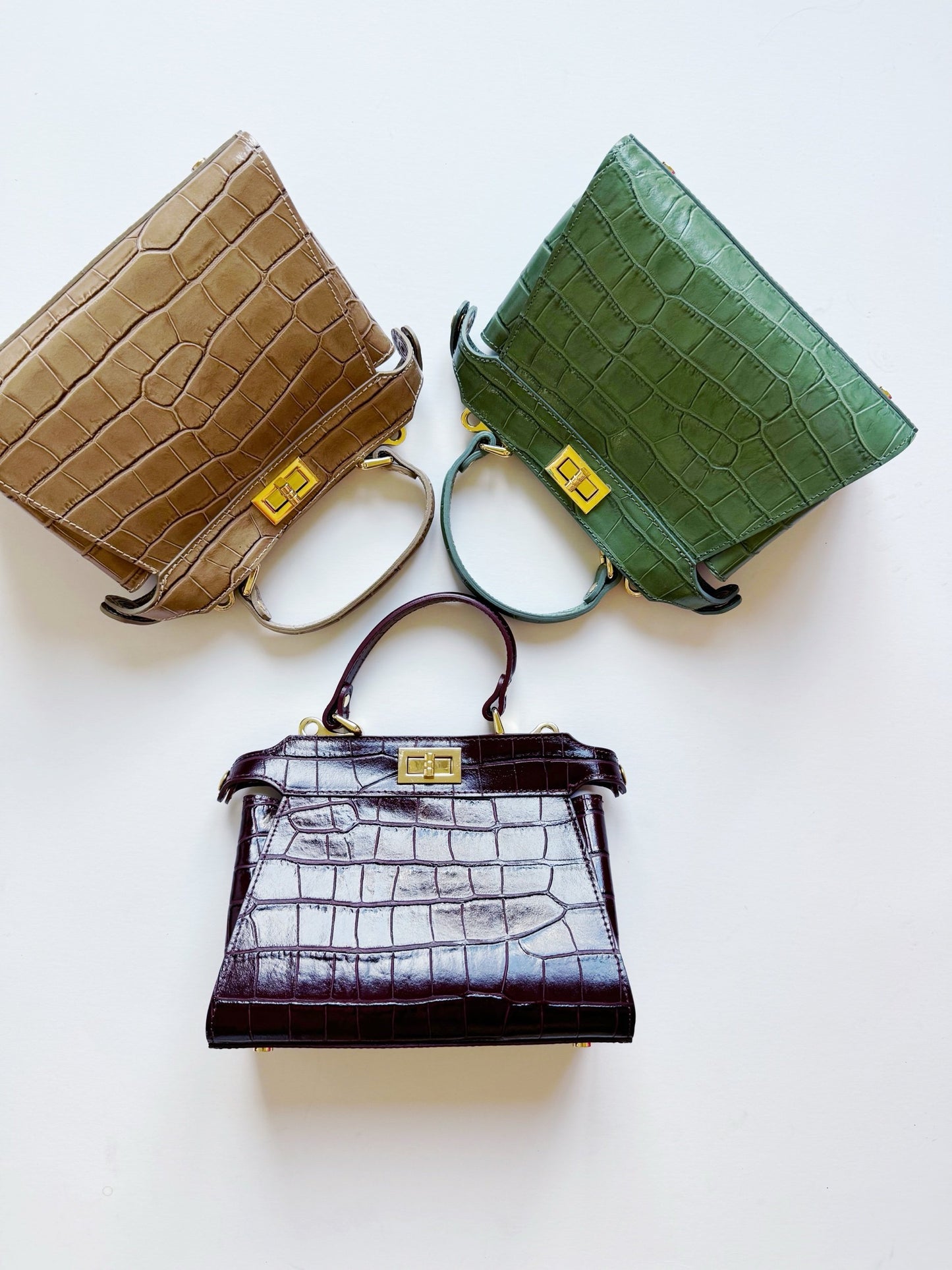 Ocean Blue Crocodile Embossed Leather Flip Lock Bag