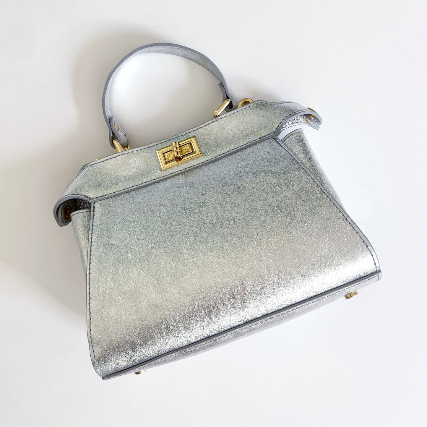 Mini Twist Lock Silver Metallic Leather Bag