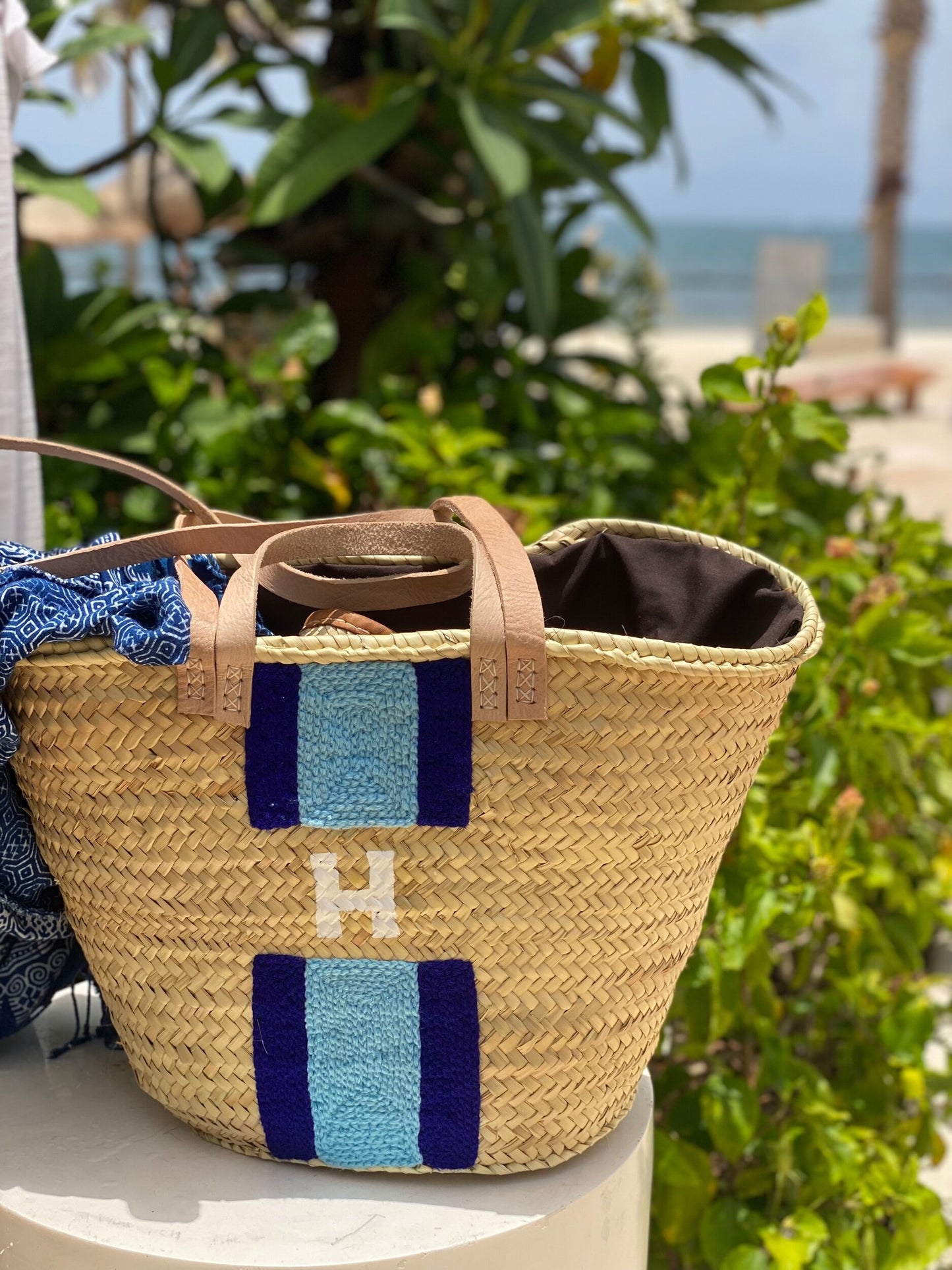 Blue Striped Double Strap Monogram Tote