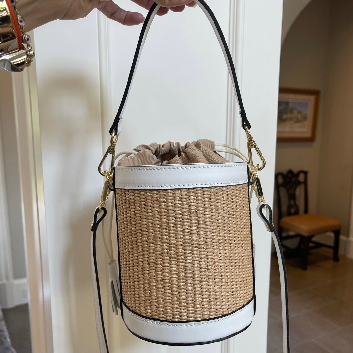 White Raffia Bucket Bag