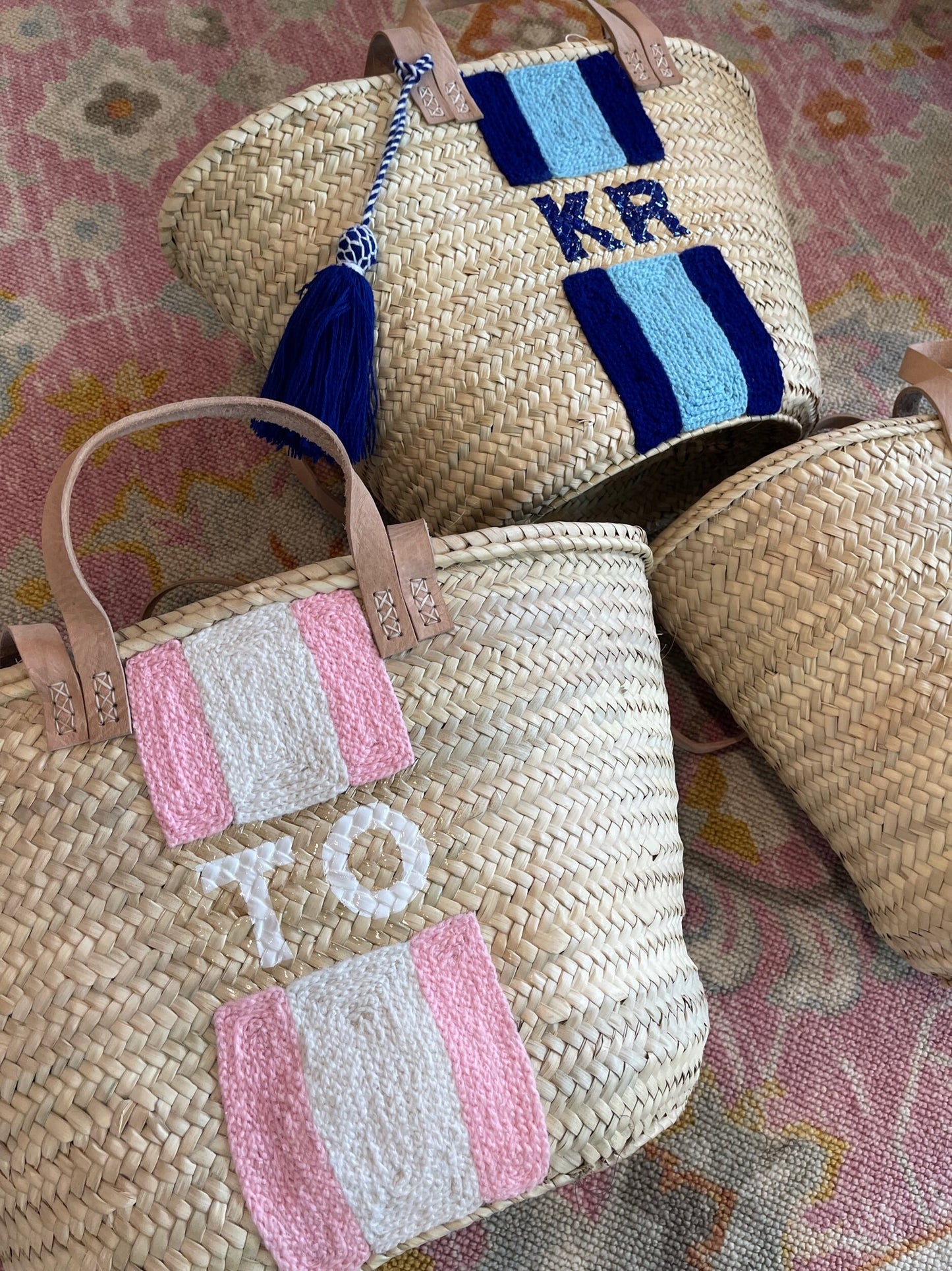 Pink Striped Double Strap Monogram Tote