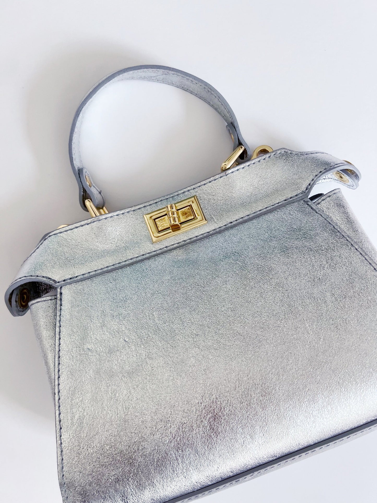 Mini Twist Lock Silver Metallic Leather Bag