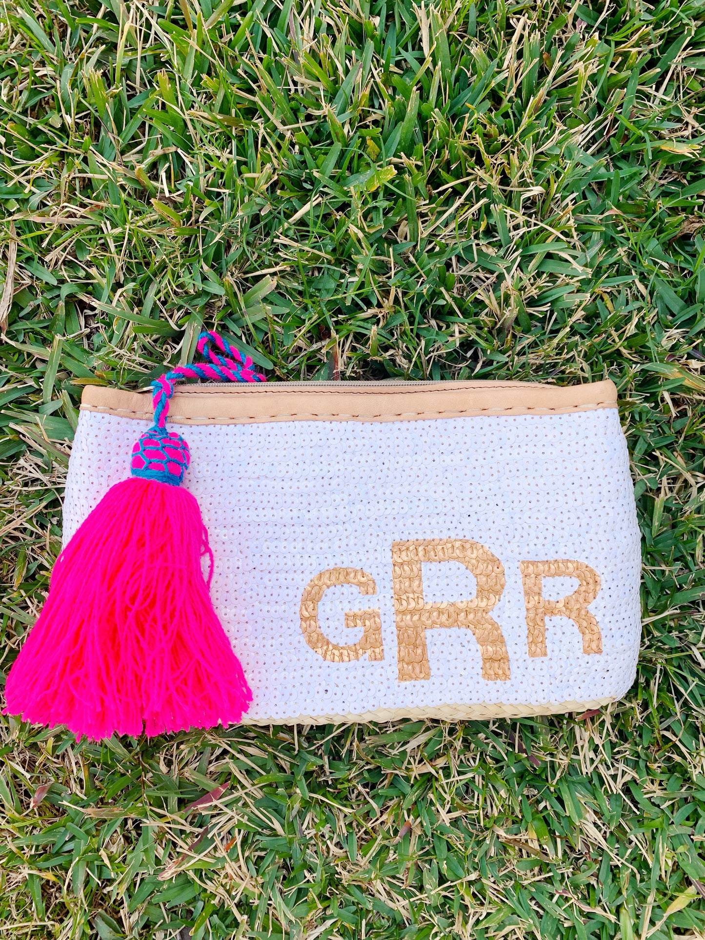 Sequin Straw Clutch + Monogram