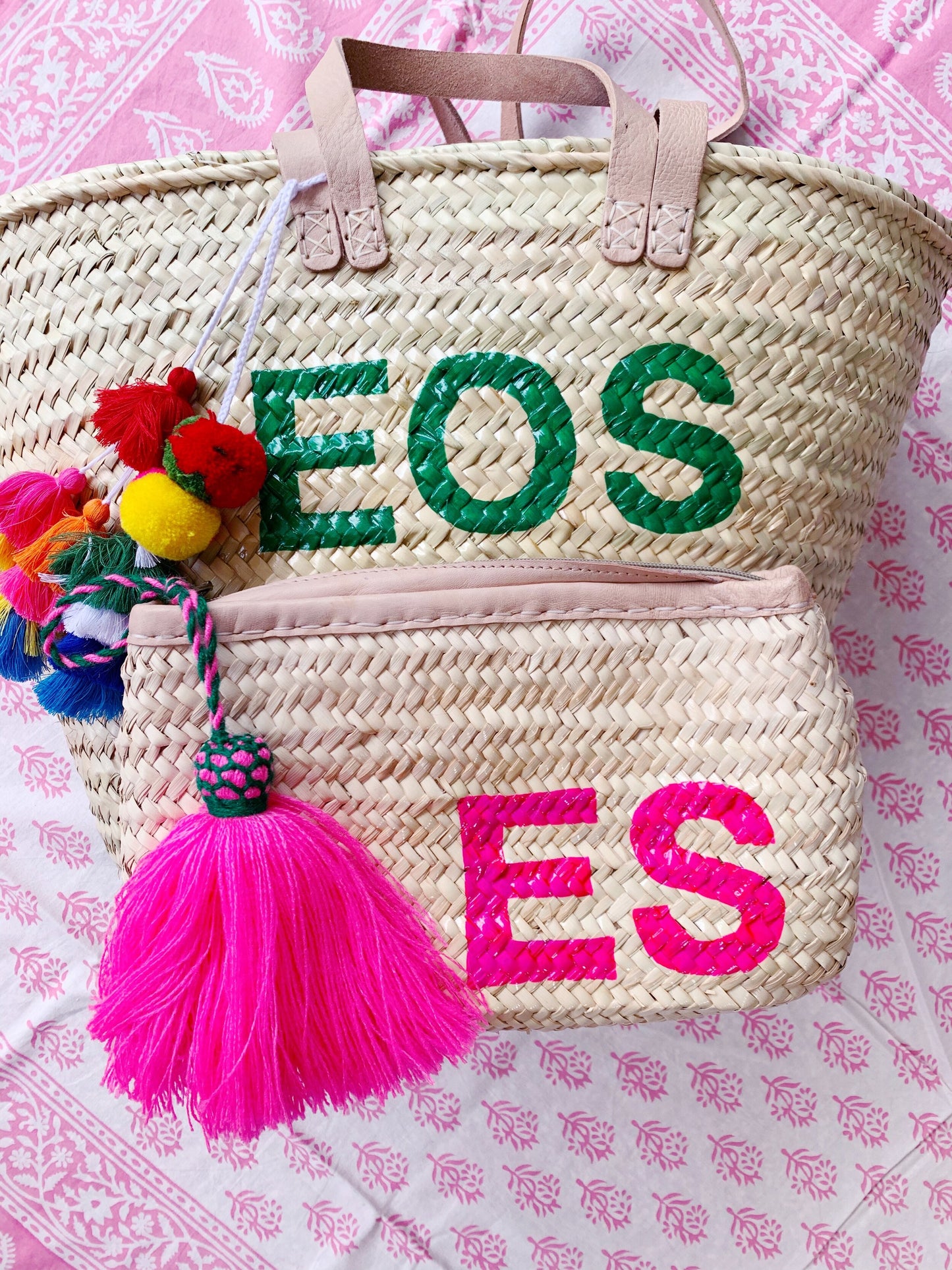 Double Strap Straw Monogram Tote