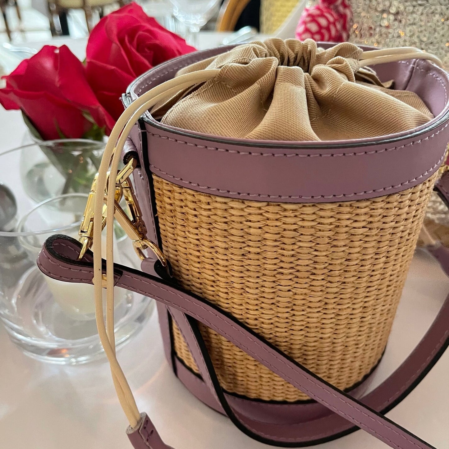 Lavender Raffia Bucket Bag