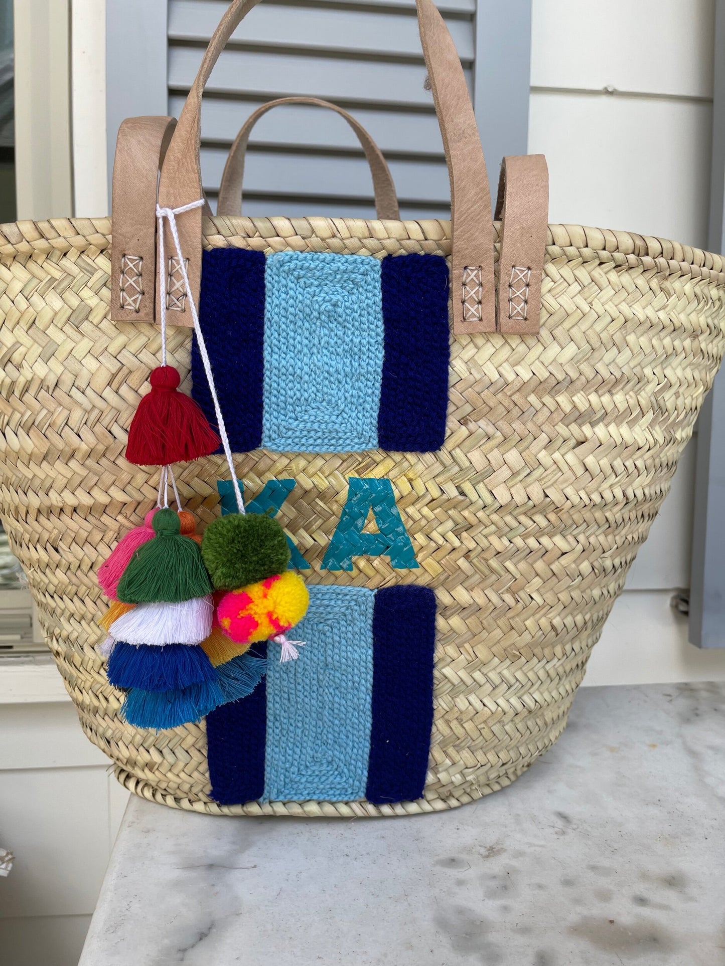 Blue Striped Double Strap Monogram Tote