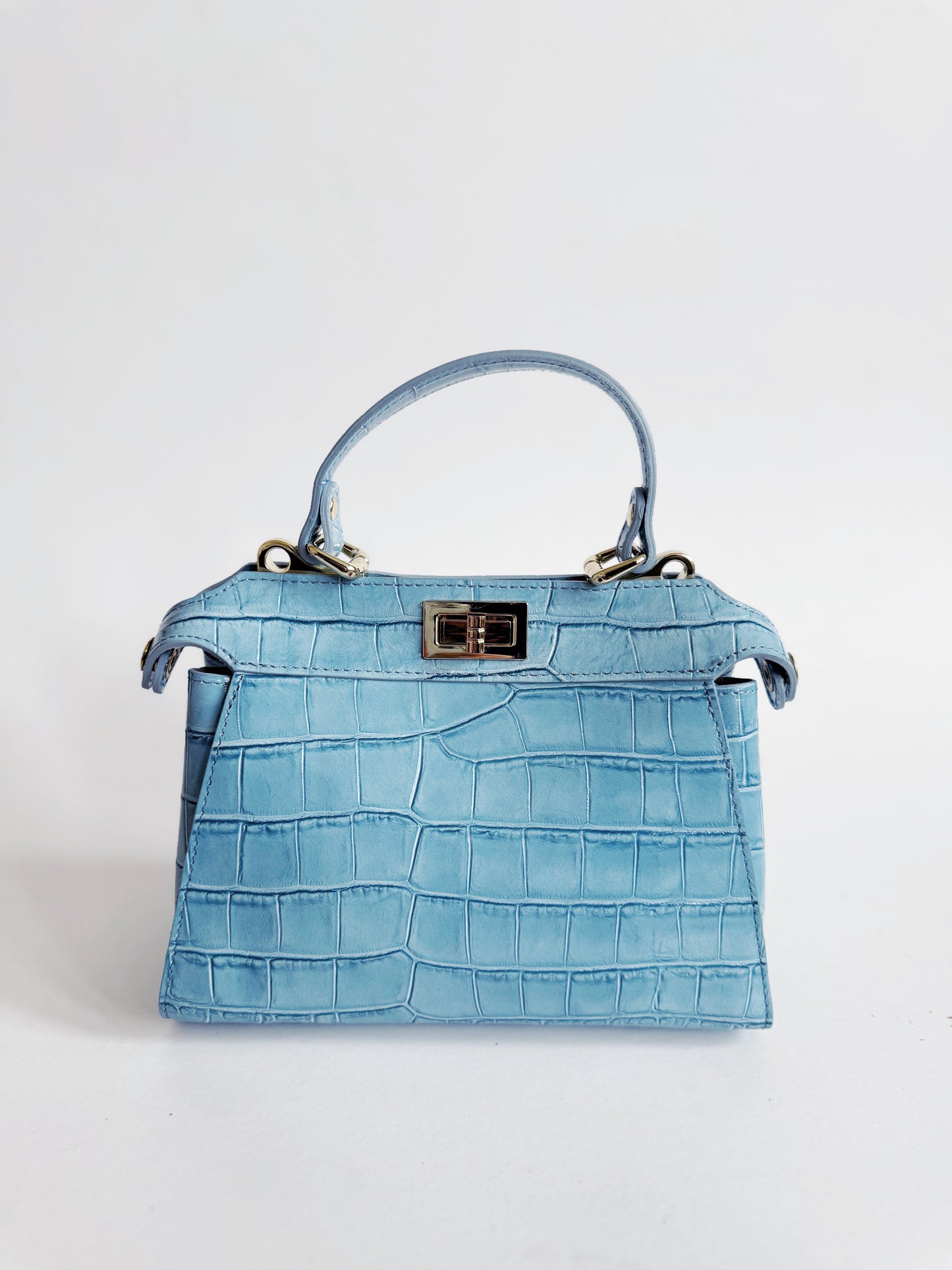 Ocean Blue Crocodile Embossed Leather Flip Lock Bag