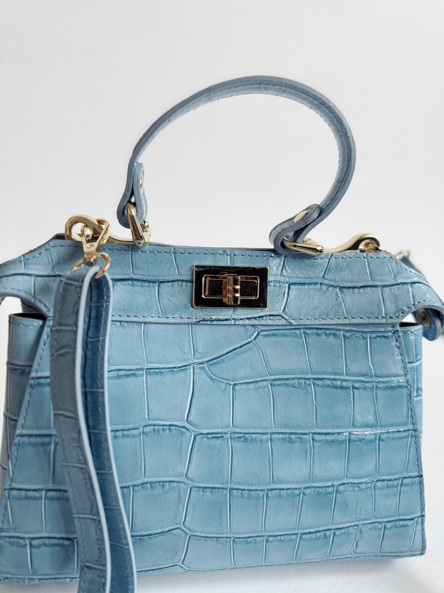 Ocean Blue Crocodile Embossed Leather Flip Lock Bag