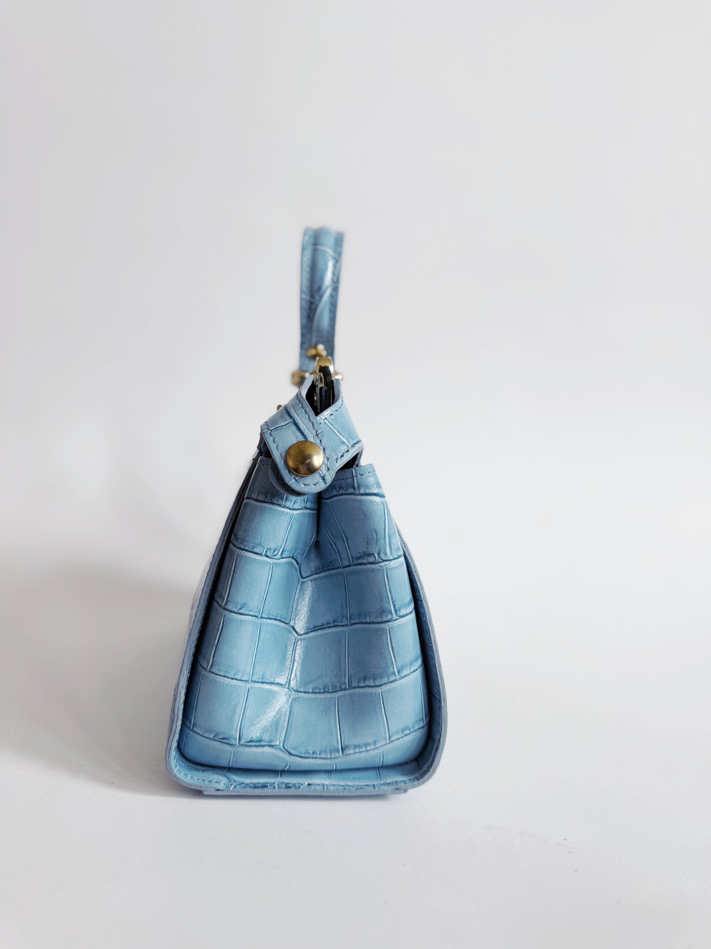 Ocean Blue Crocodile Embossed Leather Flip Lock Bag