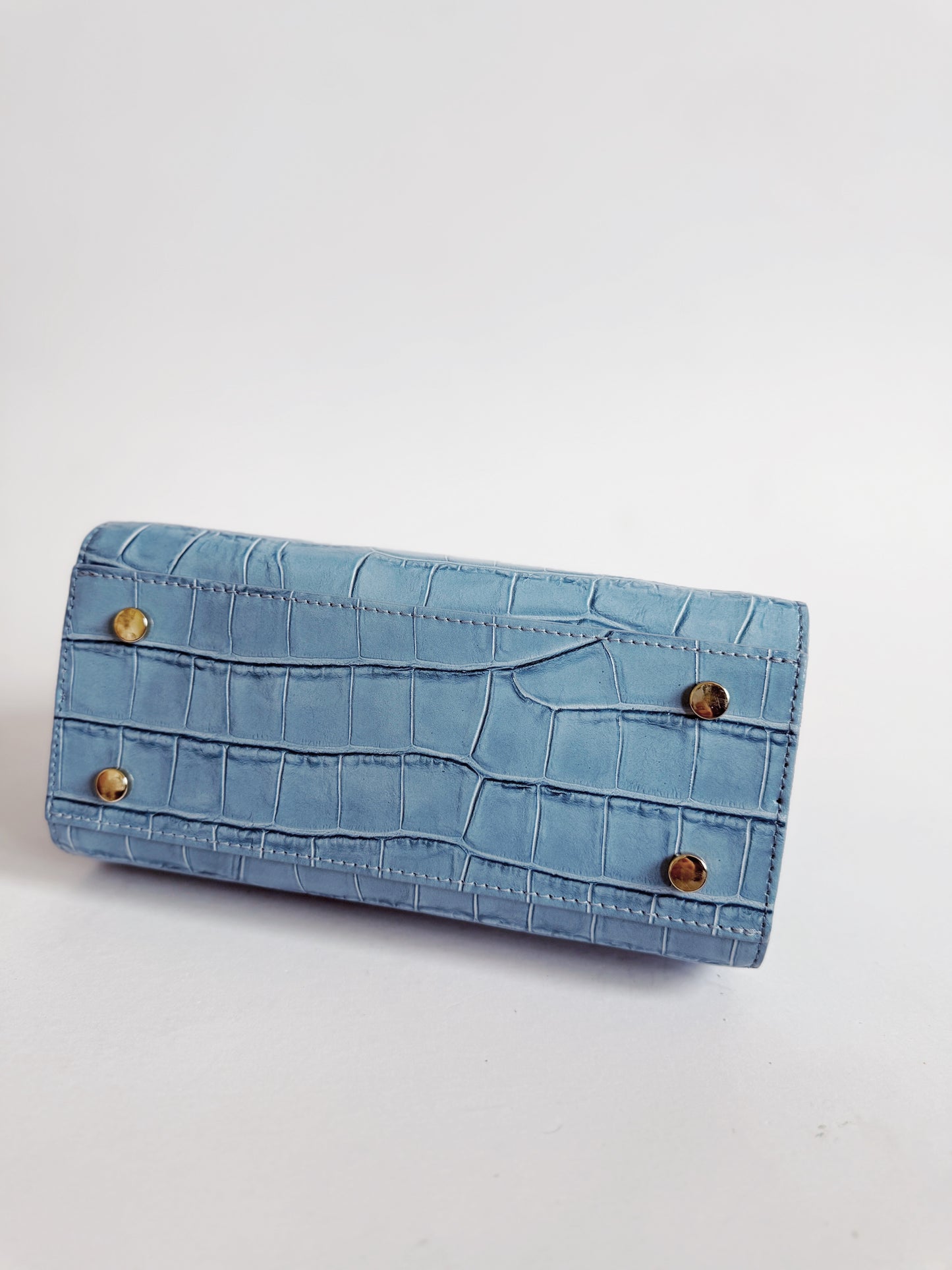 Ocean Blue Crocodile Embossed Leather Flip Lock Bag