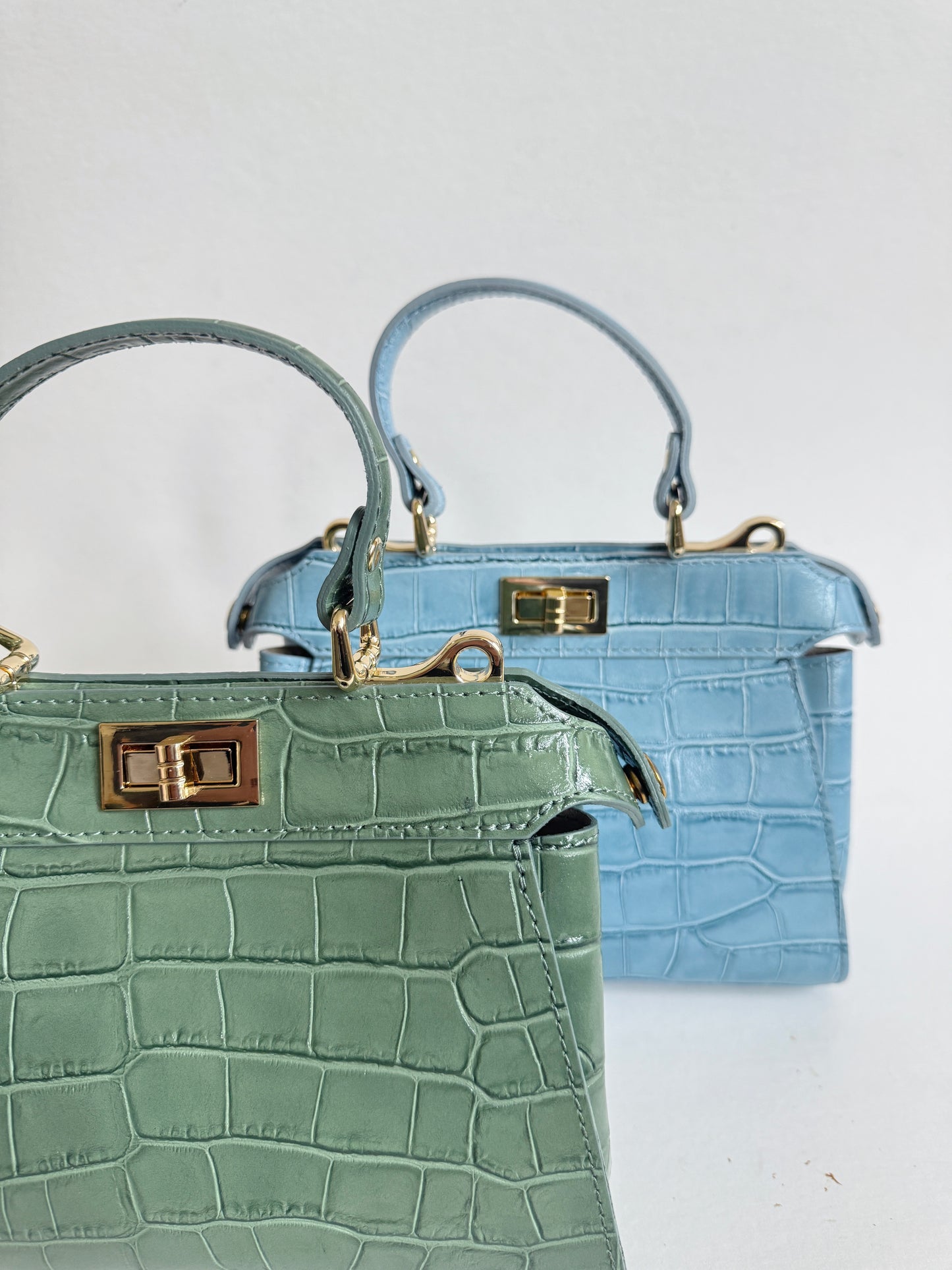 Ocean Blue Crocodile Embossed Leather Flip Lock Bag