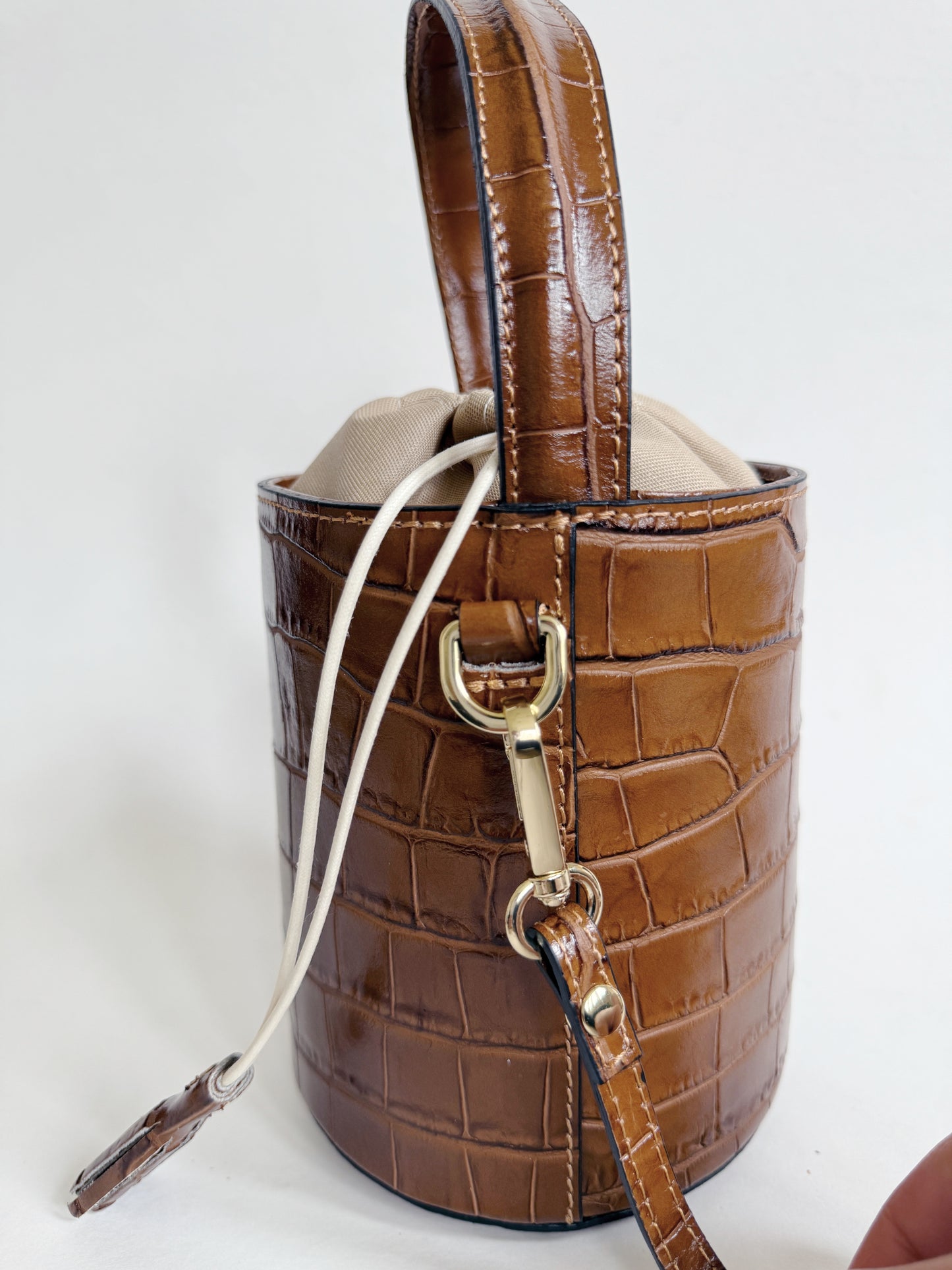Camel Crocodile Embossed Leather Bucket Bag