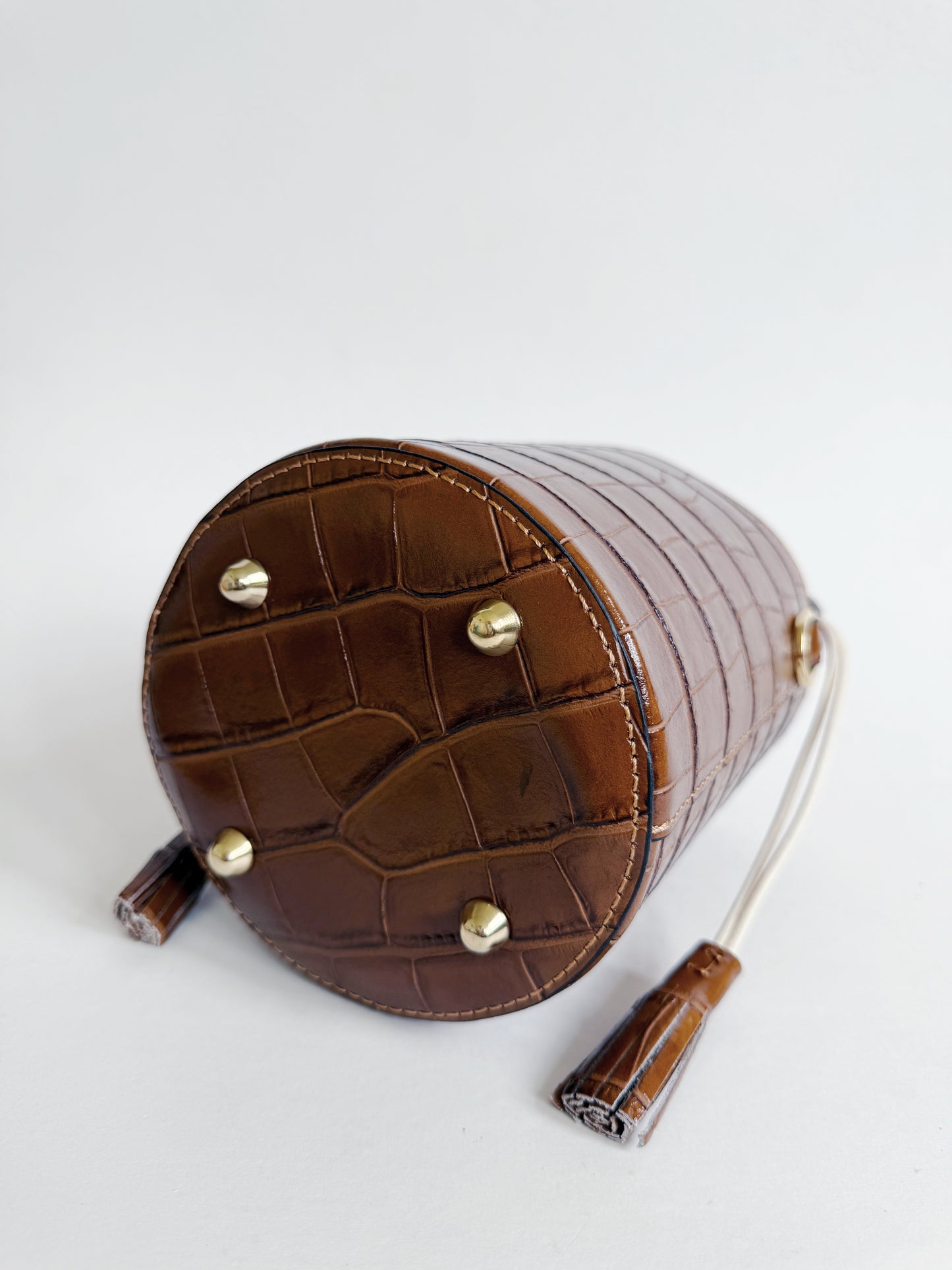 Camel Crocodile Embossed Leather Bucket Bag