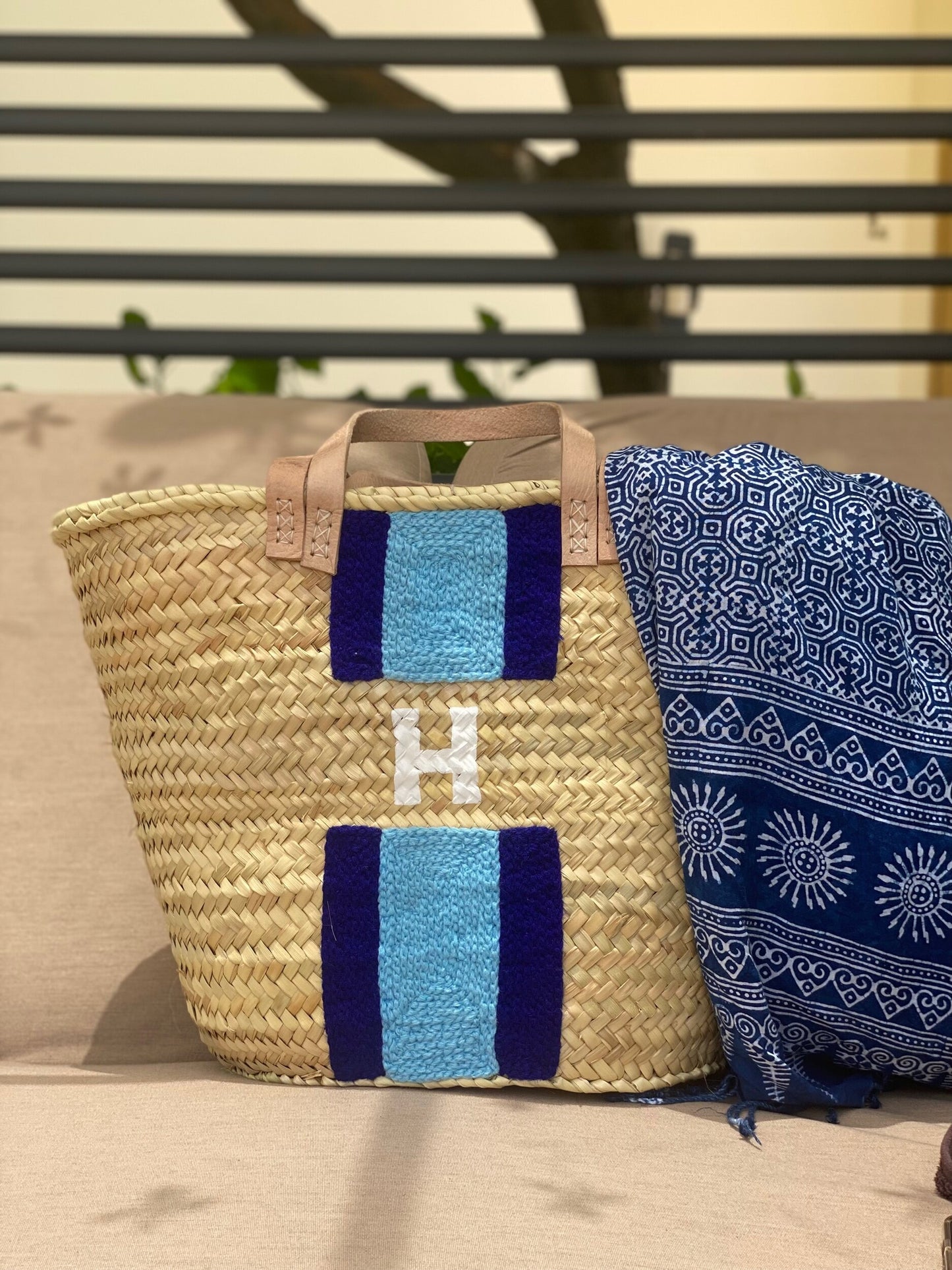 Blue Striped Double Strap Monogram Tote