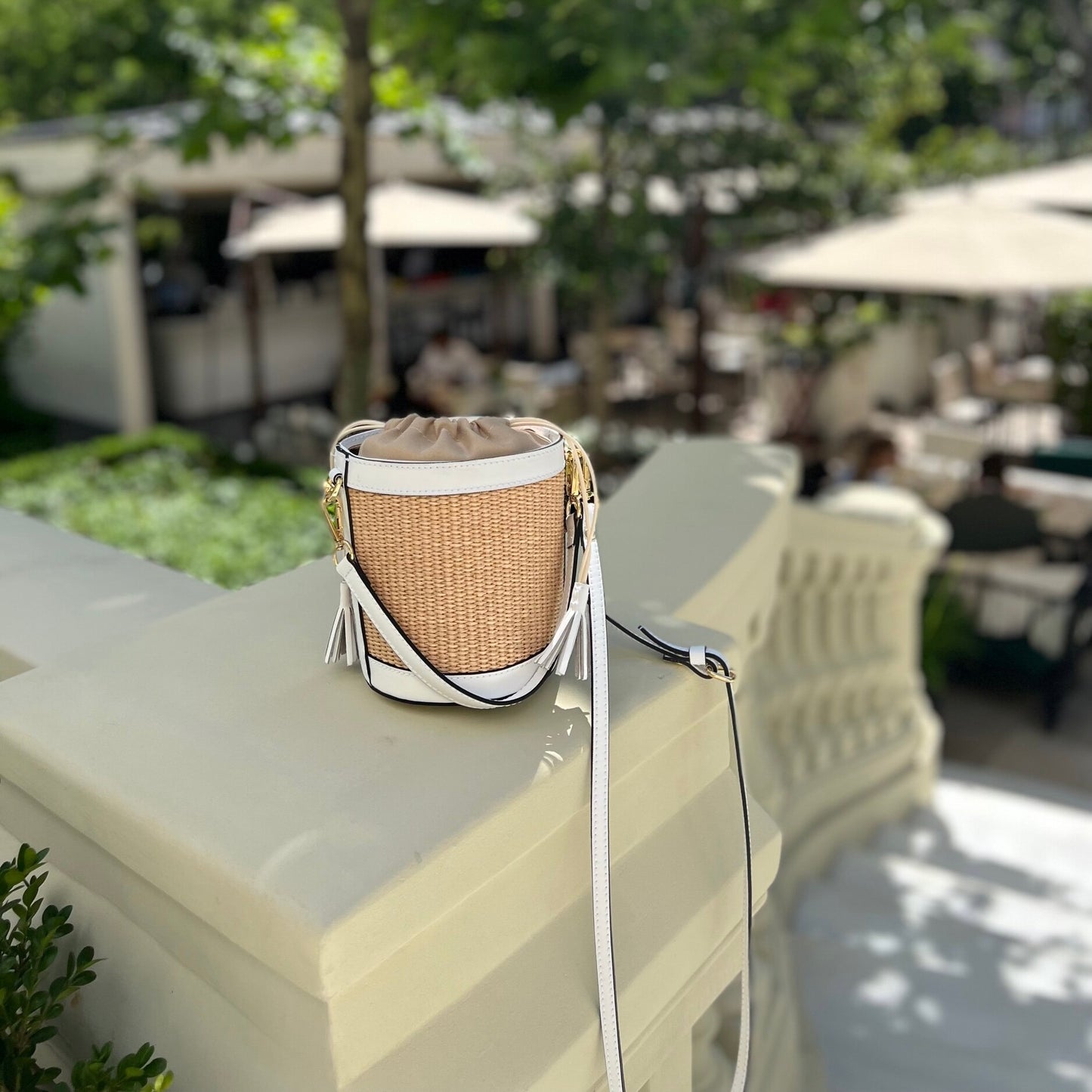 White Raffia Bucket Bag