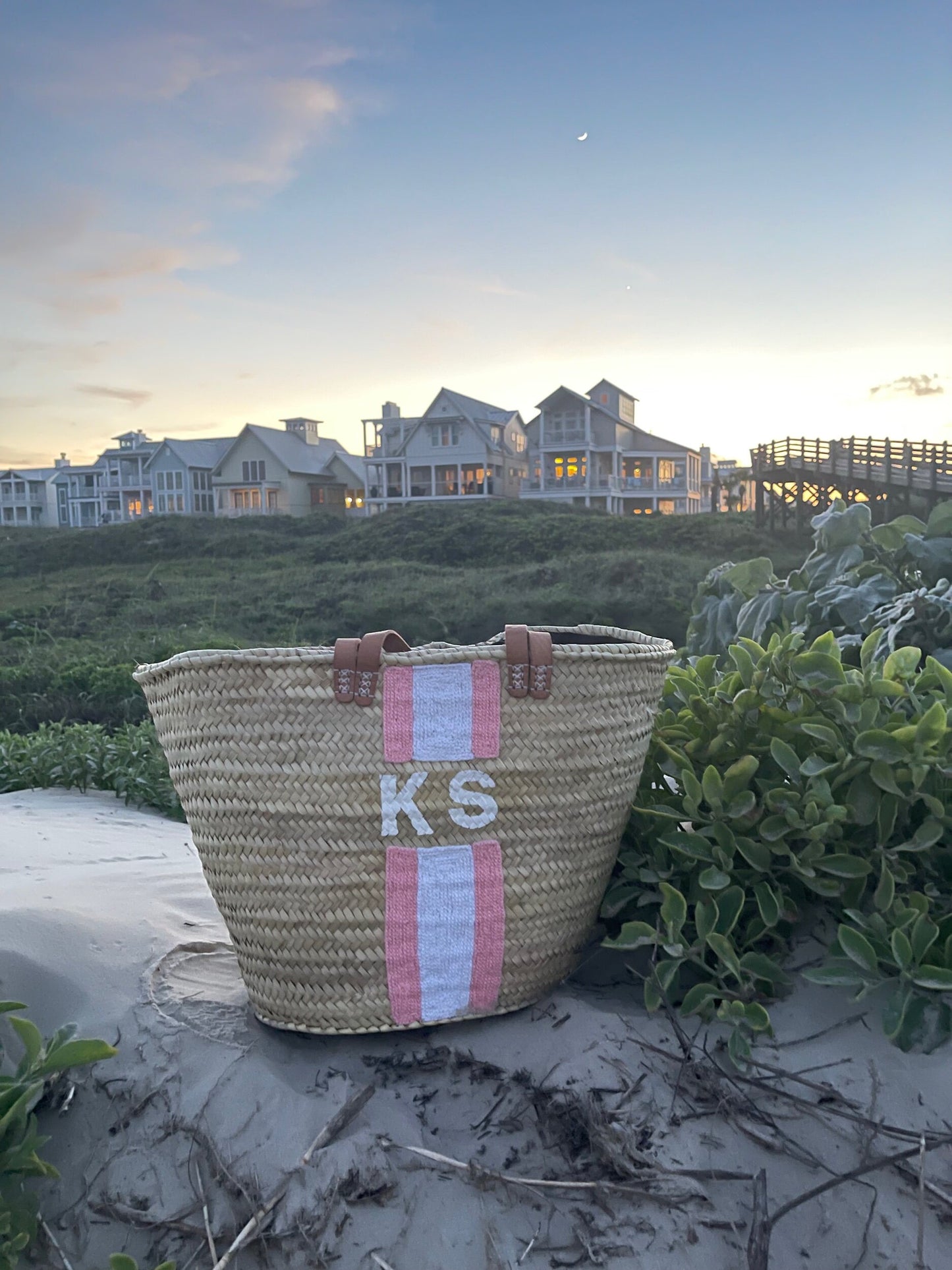 Pink Striped Double Strap Monogram Tote