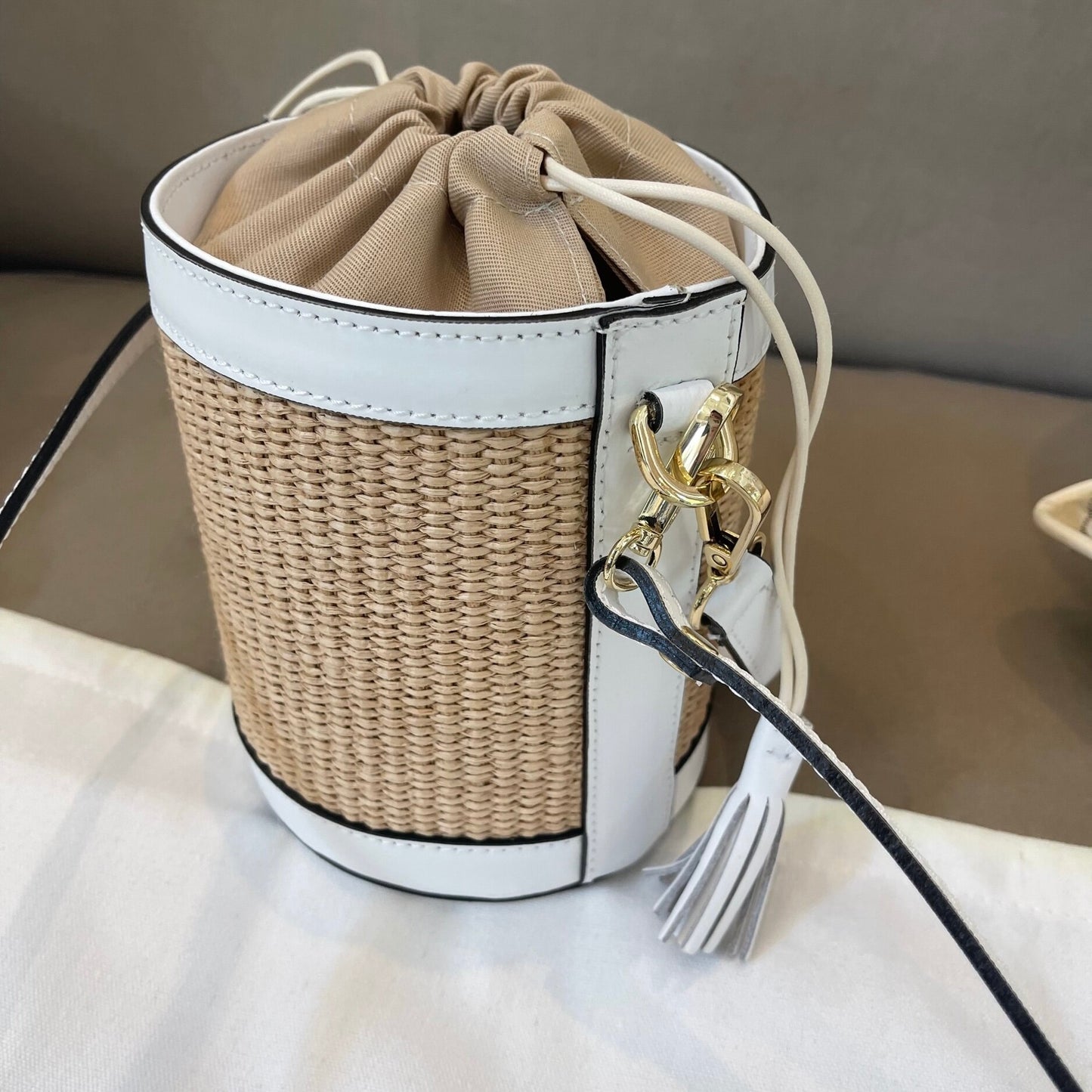 White Raffia Bucket Bag