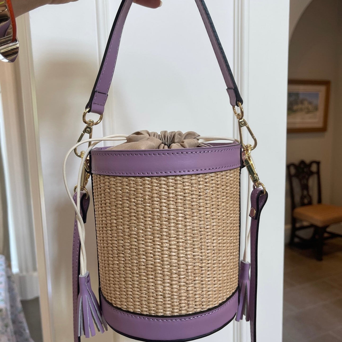 Lavender Raffia Bucket Bag