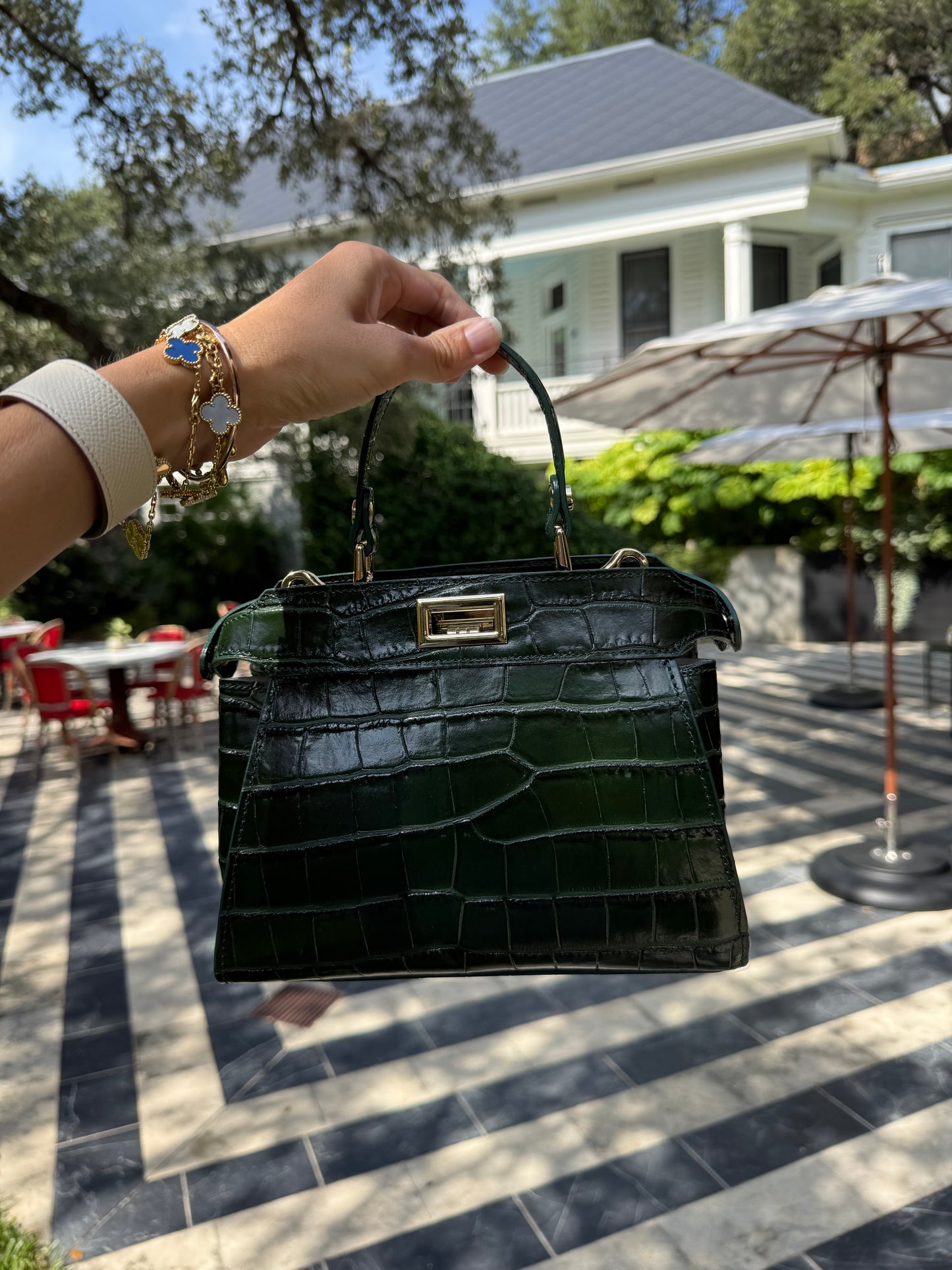 Dark Green Croc Embossed Leather Flip Lock Bag