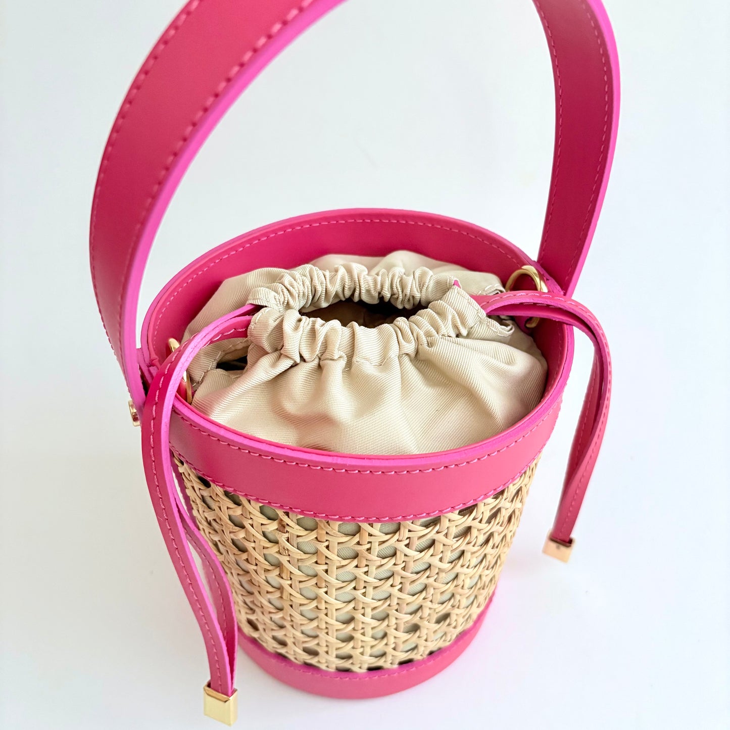 Hot Pink Cane Wicker Bucket Bag