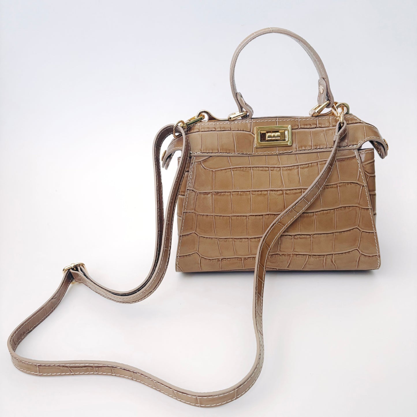 Taupe Crocodile Embossed Leather Flip Lock Bag