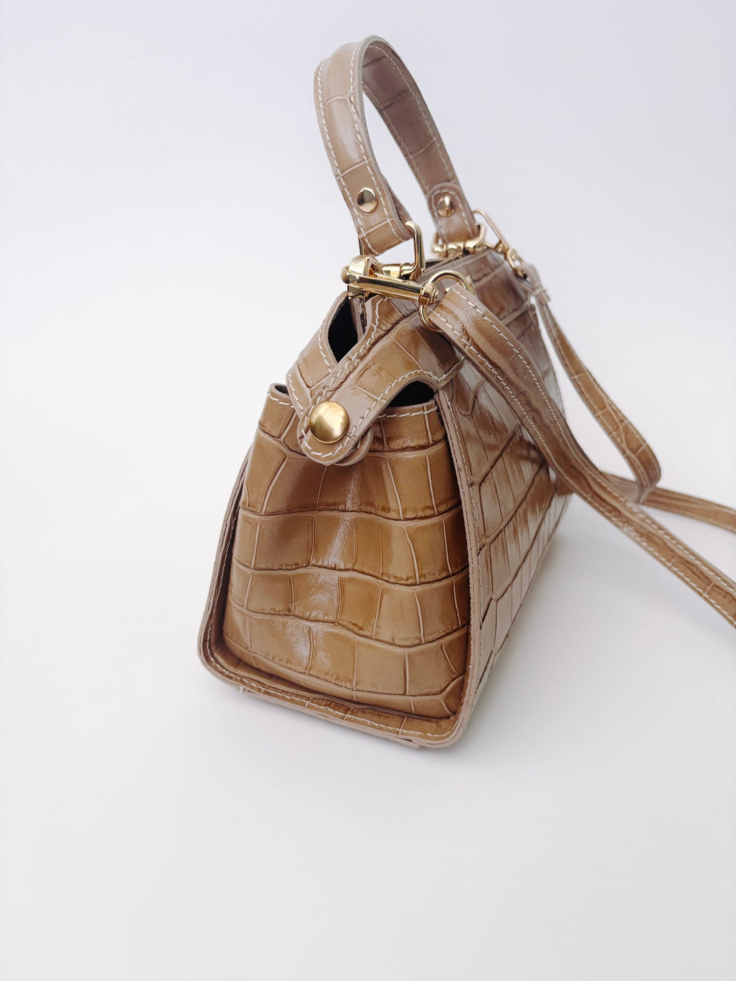 Taupe Crocodile Embossed Leather Flip Lock Bag