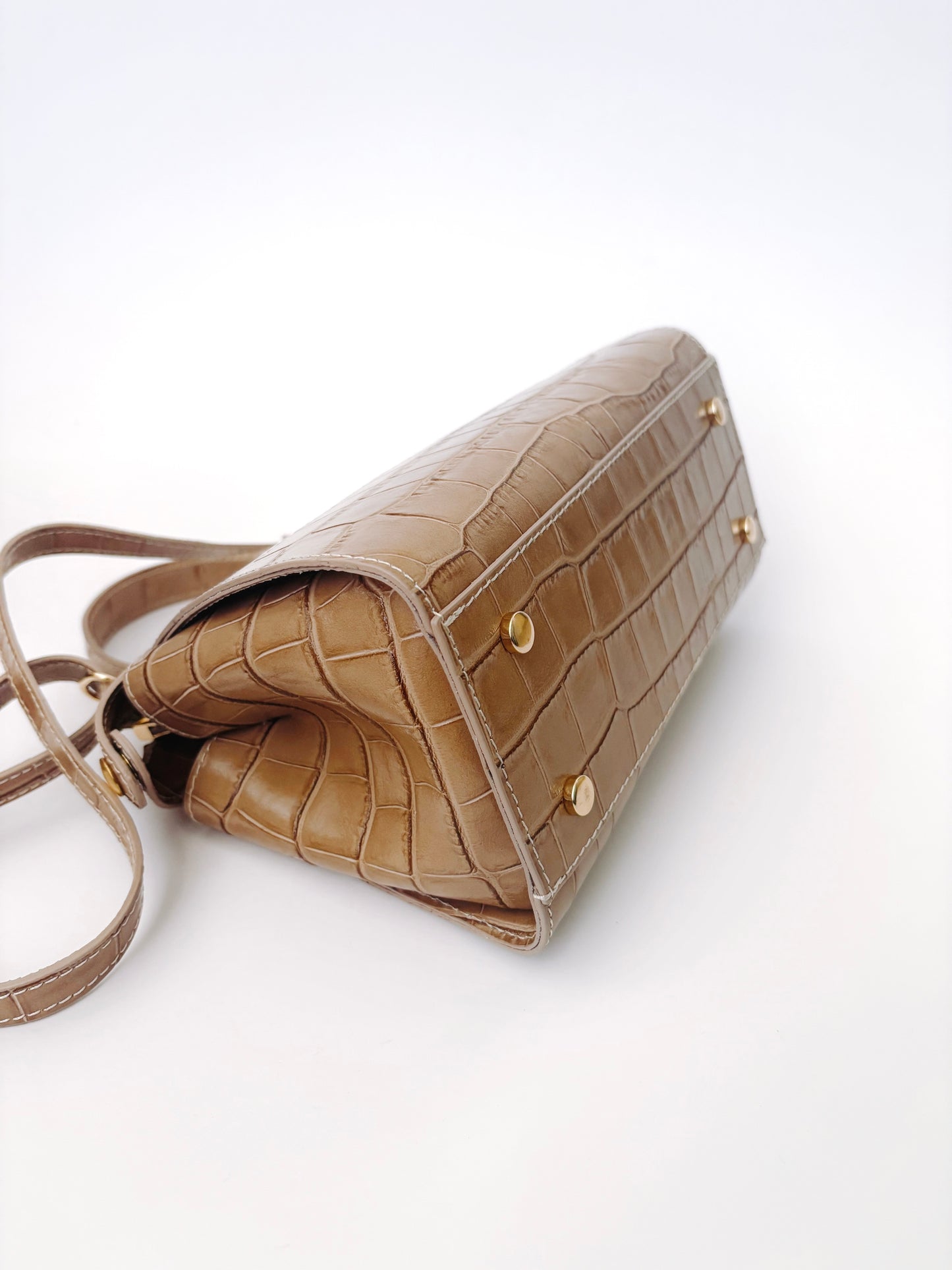 Taupe Crocodile Embossed Leather Flip Lock Bag