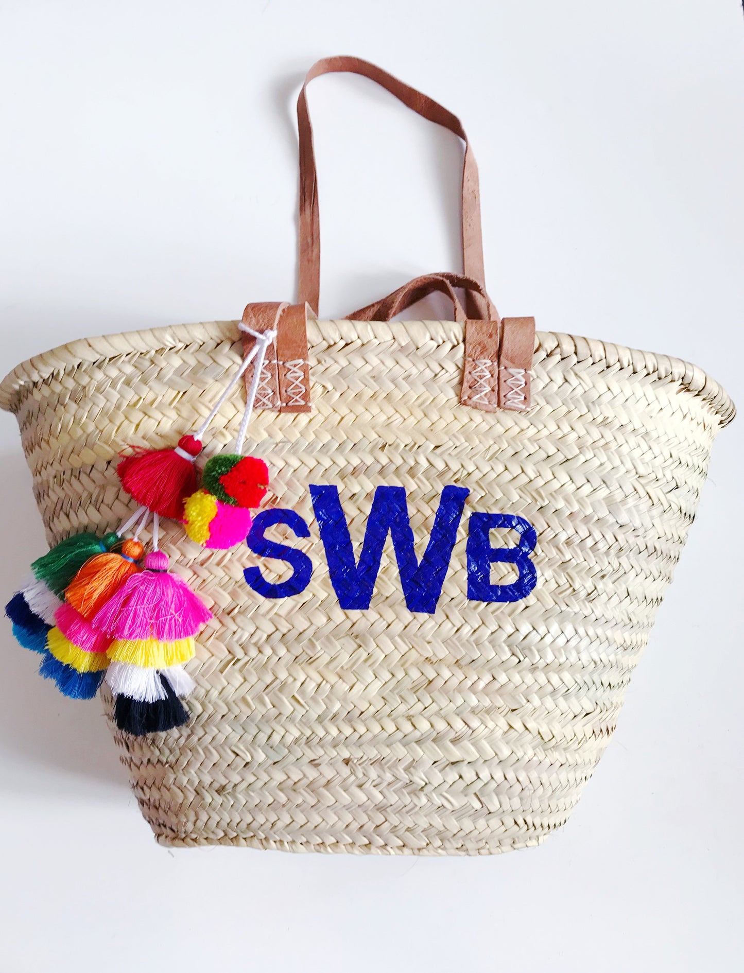 Double Strap Straw Monogram Tote