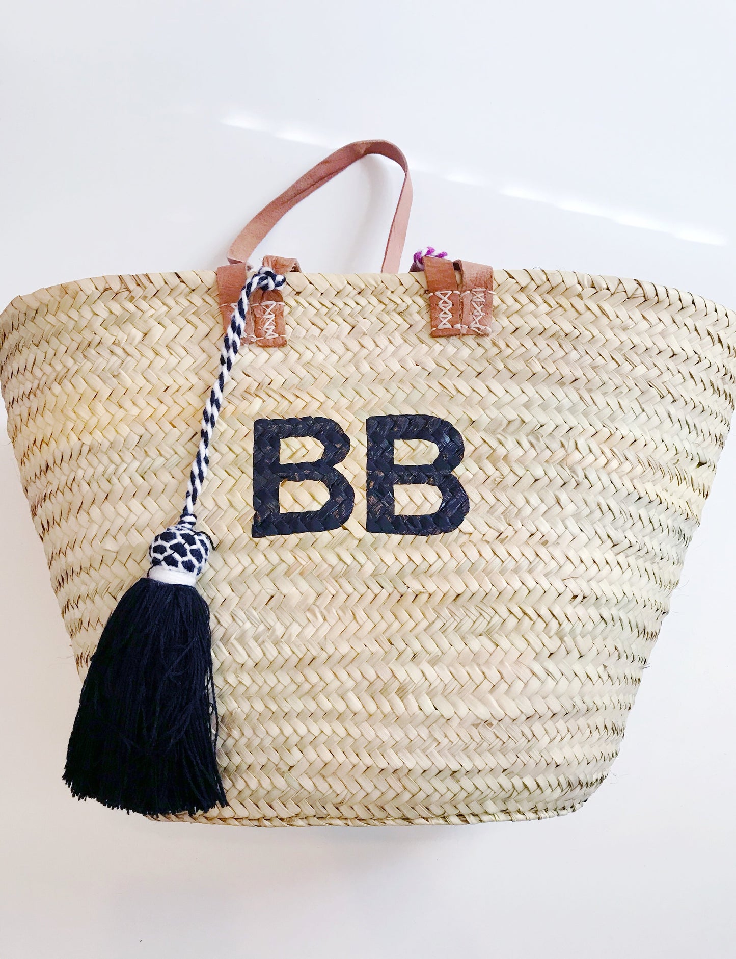 Double Strap Straw Monogram Tote