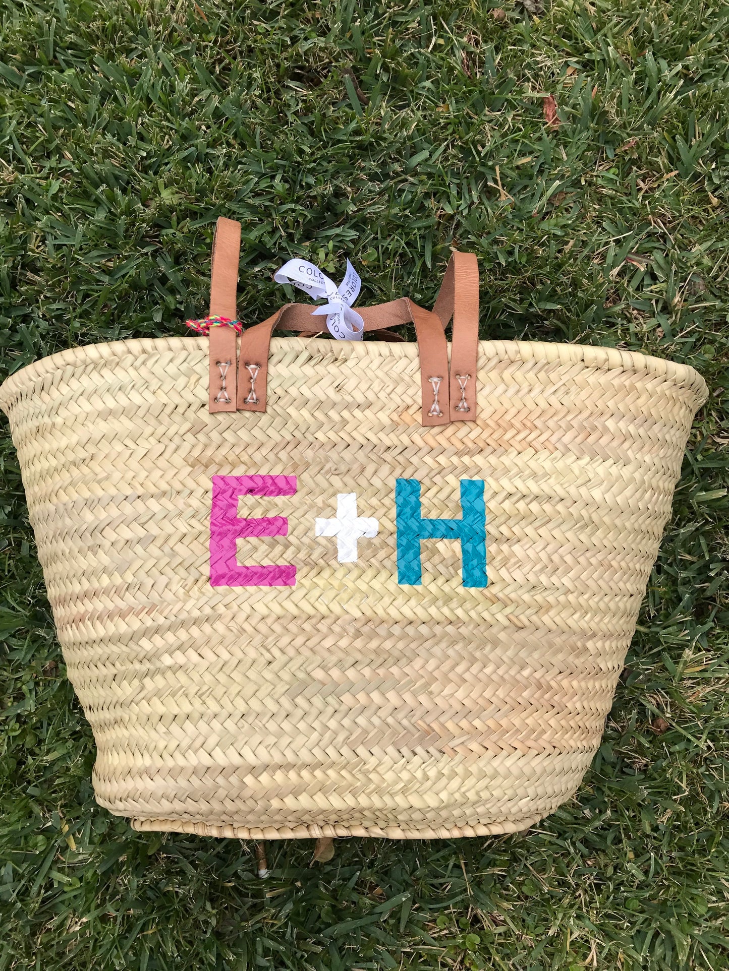 Double Strap Straw Monogram Tote