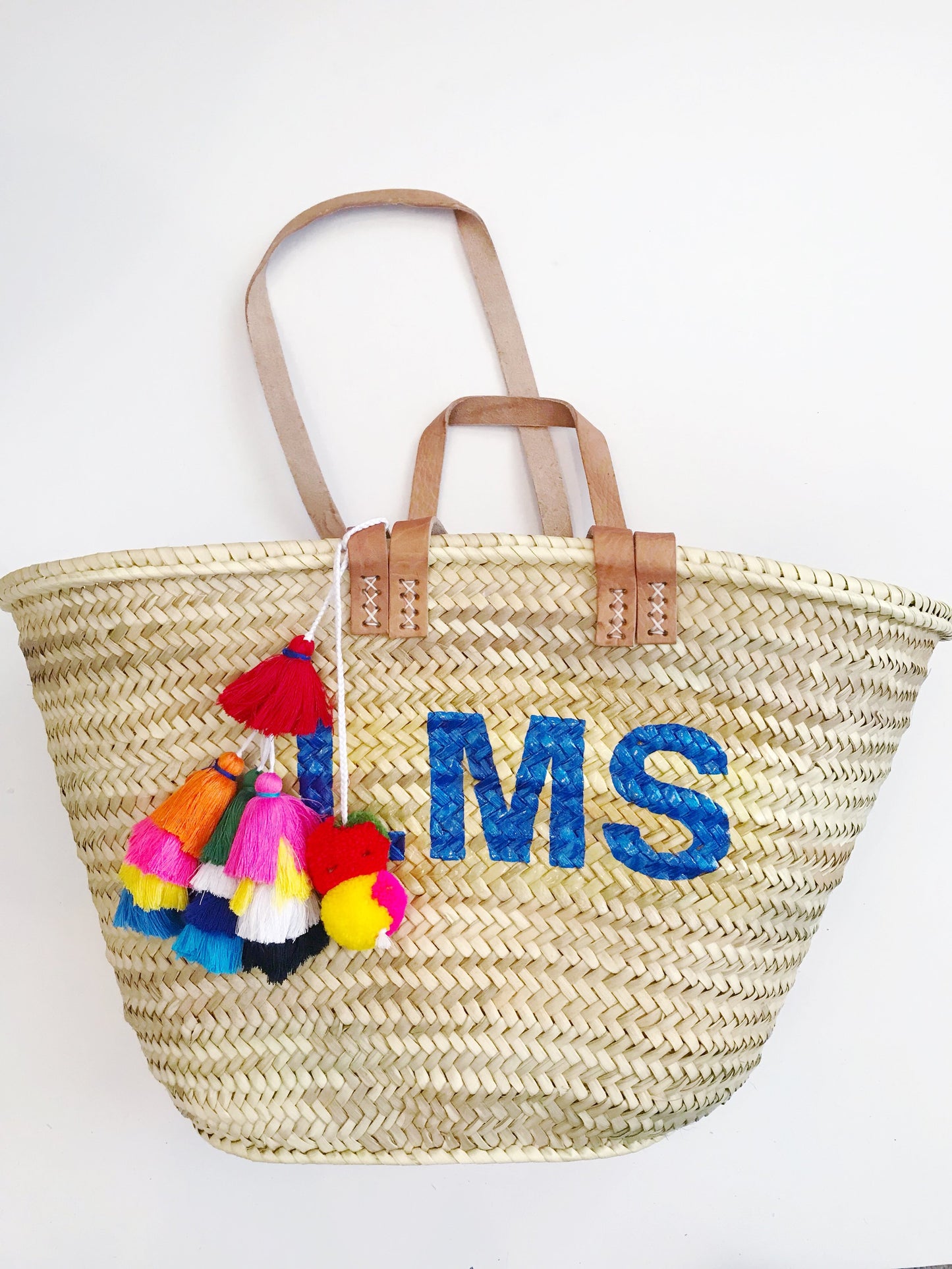 Double Strap Straw Monogram Tote