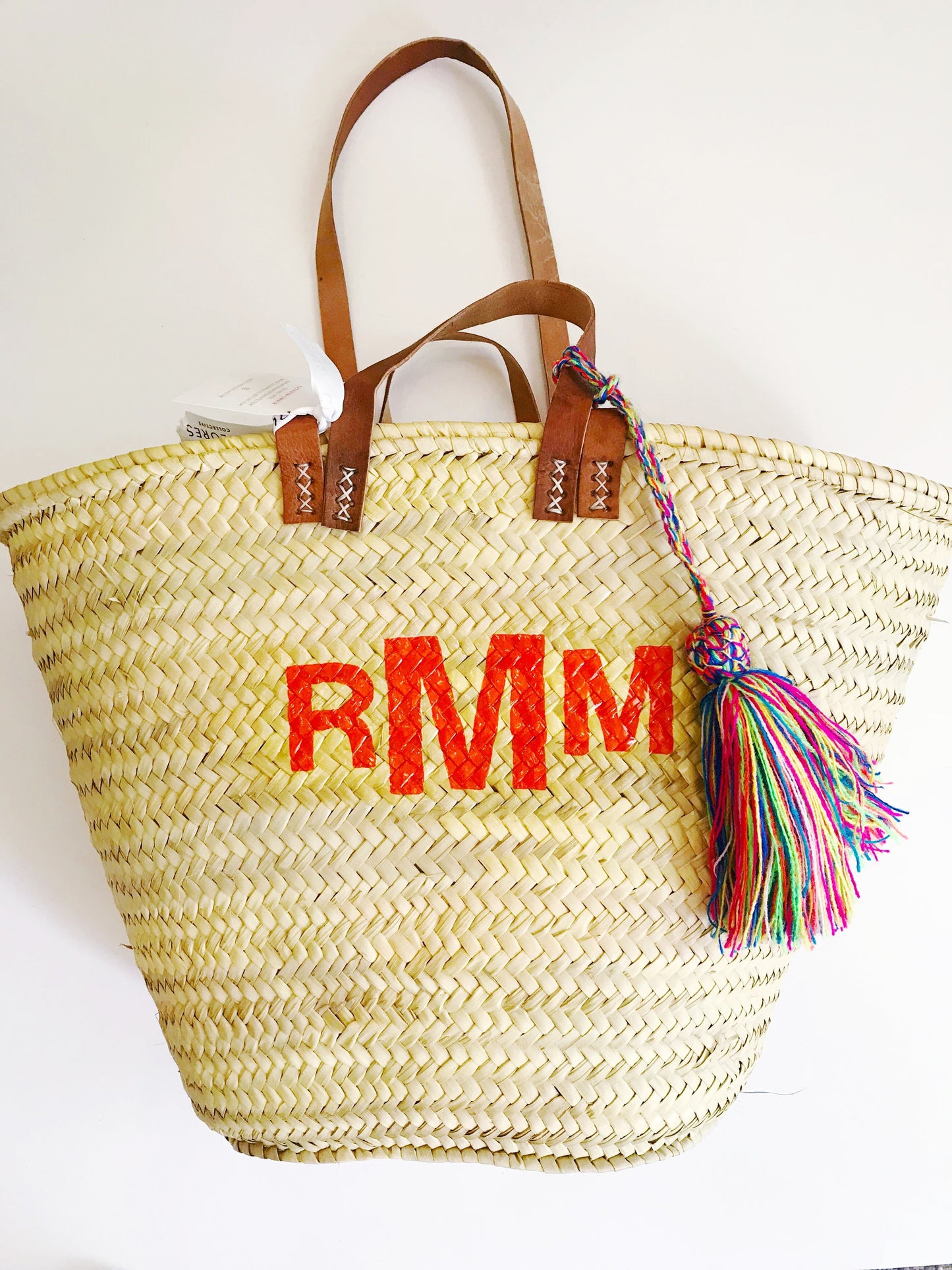 Double Strap Straw Monogram Tote