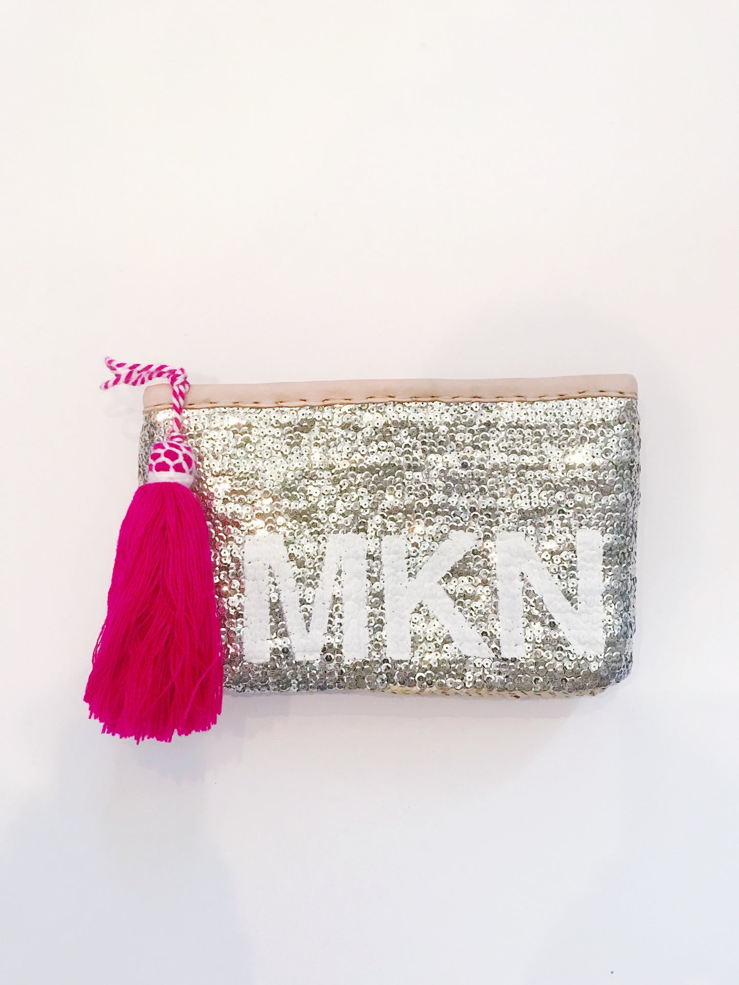 Silver Sequin Straw Clutch + Monogram