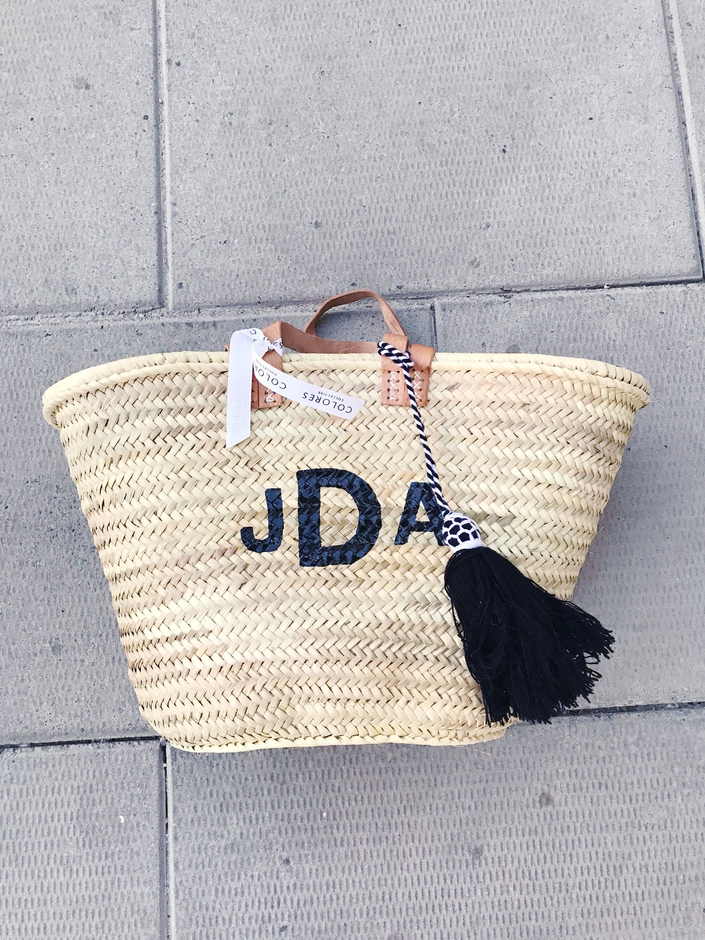 Double Strap Straw Monogram Tote
