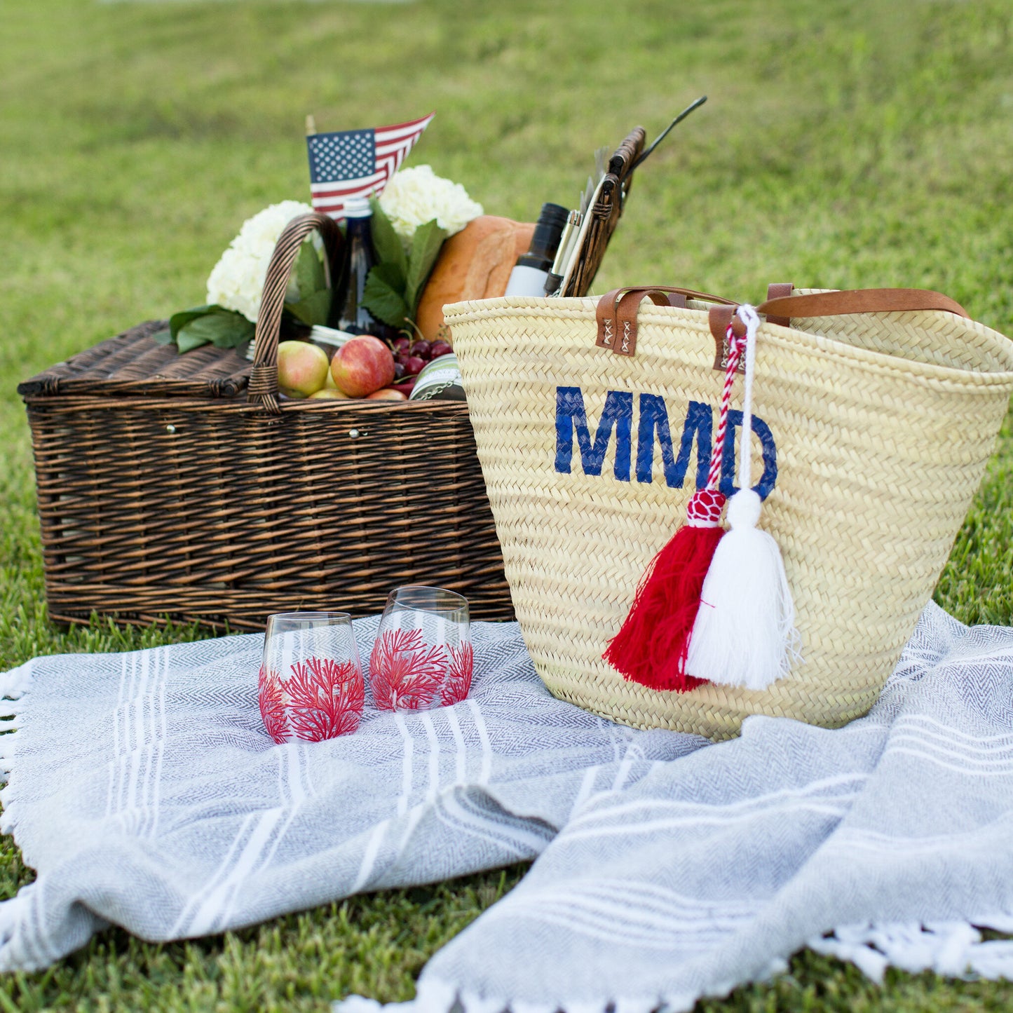 Double Strap Straw Monogram Tote