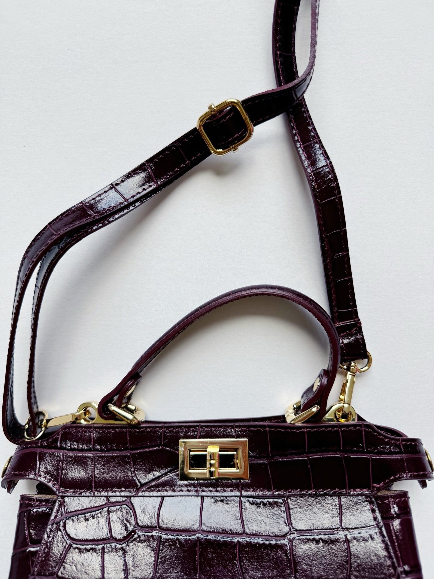 Merlot Crocodile Embossed Leather Flip Lock Bag