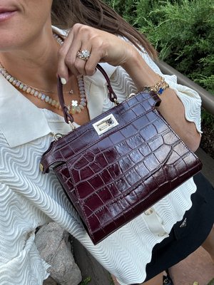 Merlot Crocodile Embossed Leather Flip Lock Bag