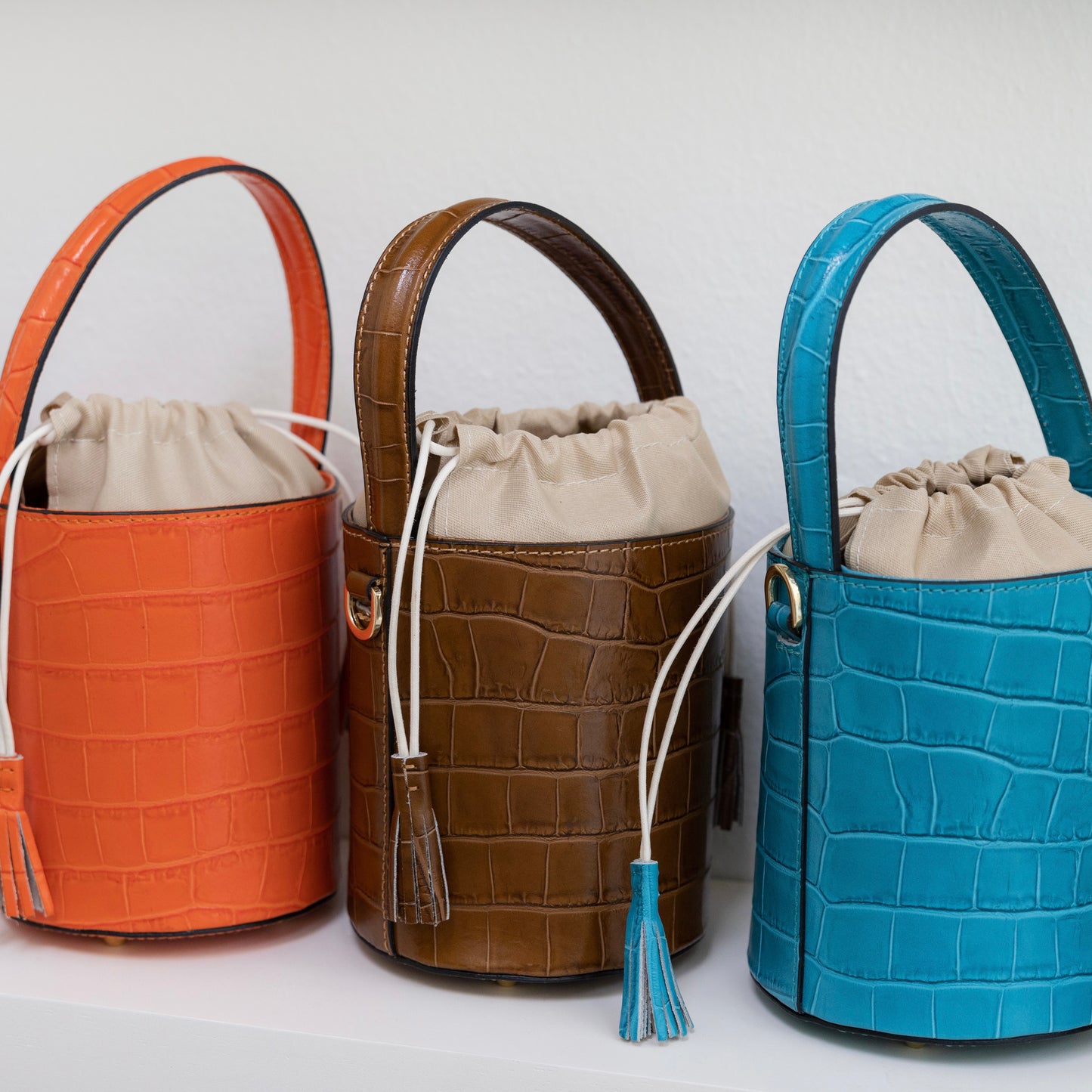 Camel Crocodile Embossed Leather Bucket Bag