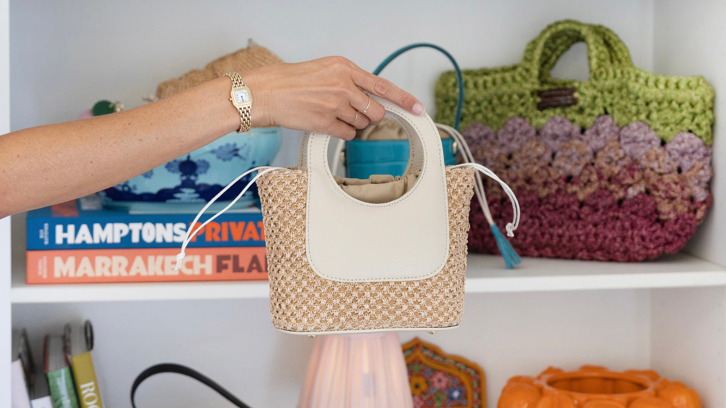 Cream Raffia Circle Mini Tote