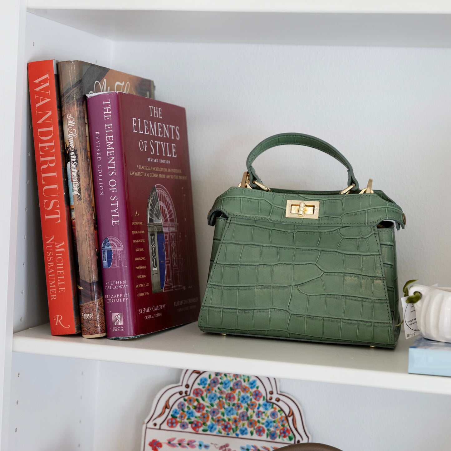 Sage Green Croc Embossed Leather Flip Lock Bag