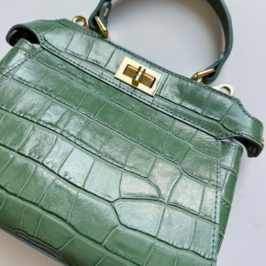 Sage Green Crocodile Embossed Leather Flip Lock Bag